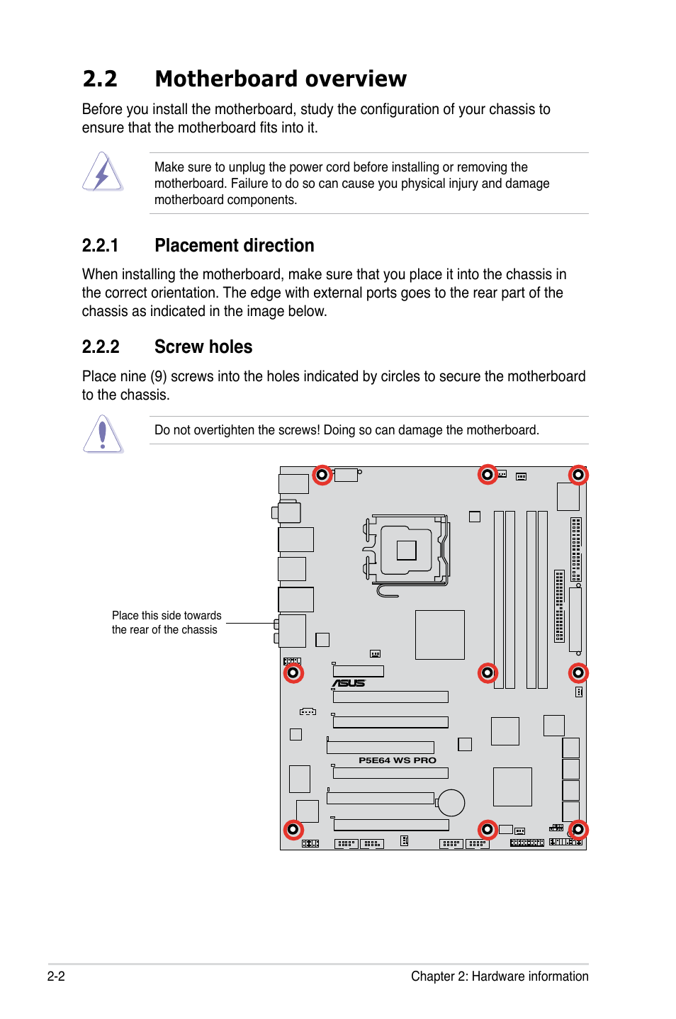 2 motherboard overview, 1 placement direction, 2 screw holes | Asus P5E64 WS Professional User Manual | Page 28 / 180