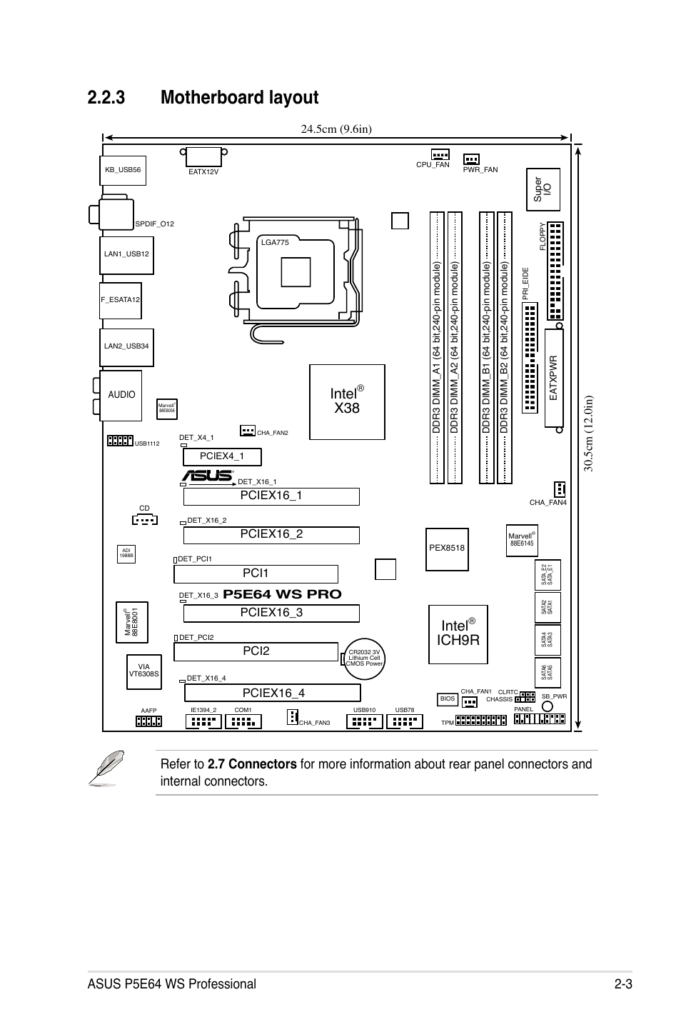 3 motherboard layout, Intel, Ich9r | P5e64 ws pro, Pciex16_1 pci1, Pci2 pciex16_4, Pciex16_2, Pciex16_3 | Asus P5E64 WS Professional User Manual | Page 29 / 180