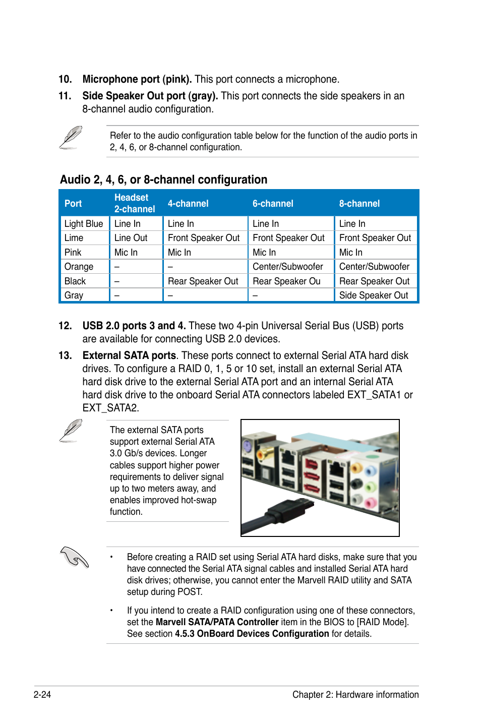Audio 2, 4, 6, or 8-channel configuration | Asus P5E64 WS Professional User Manual | Page 50 / 180