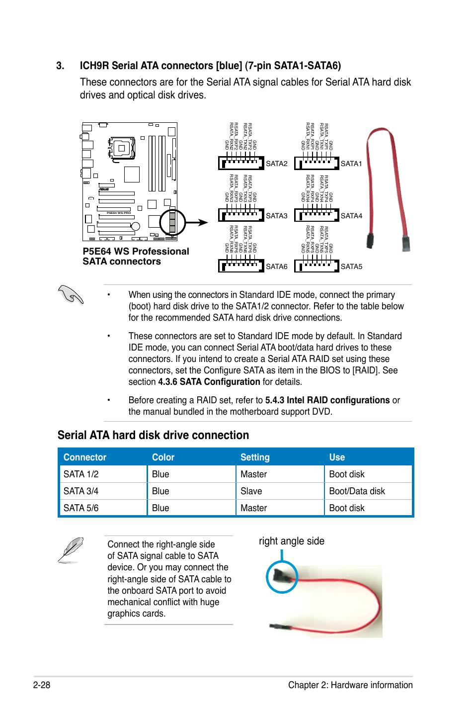 Serial ata hard disk drive connection, Right angle side, 28 chapter 2: hardware information | P5e64 ws professional sata connectors, P5b sata connectors, Sata2 sata1, Sata3 sata4, Sata6 sata5 | Asus P5E64 WS Professional User Manual | Page 54 / 180