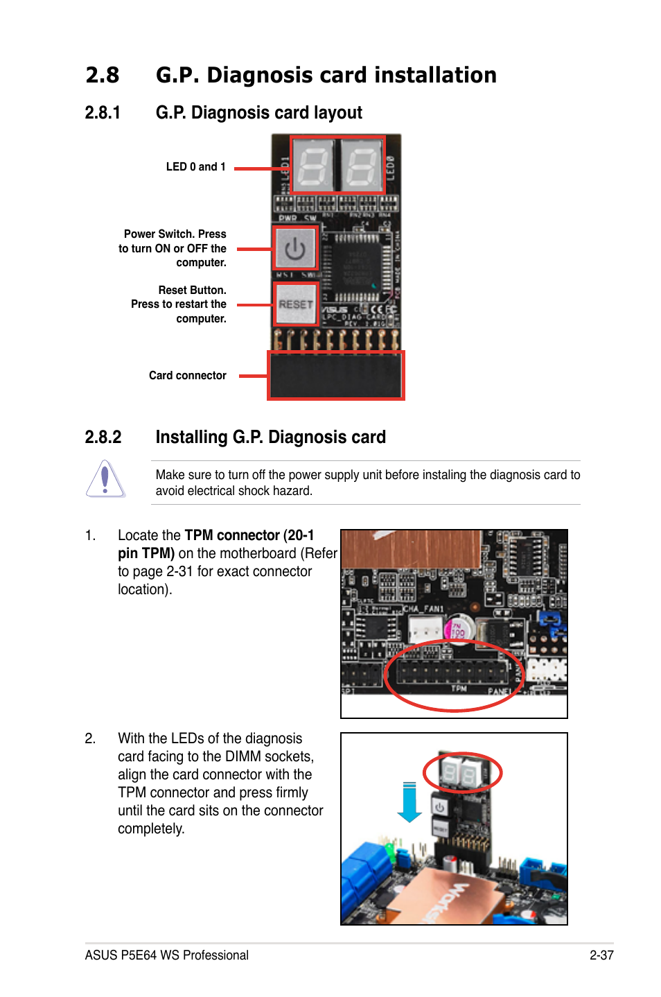 8 g.p. diagnosis card installation, 1 g.p. diagnosis card layout, 2 installing g.p. diagnosis card | Asus P5E64 WS Professional User Manual | Page 63 / 180