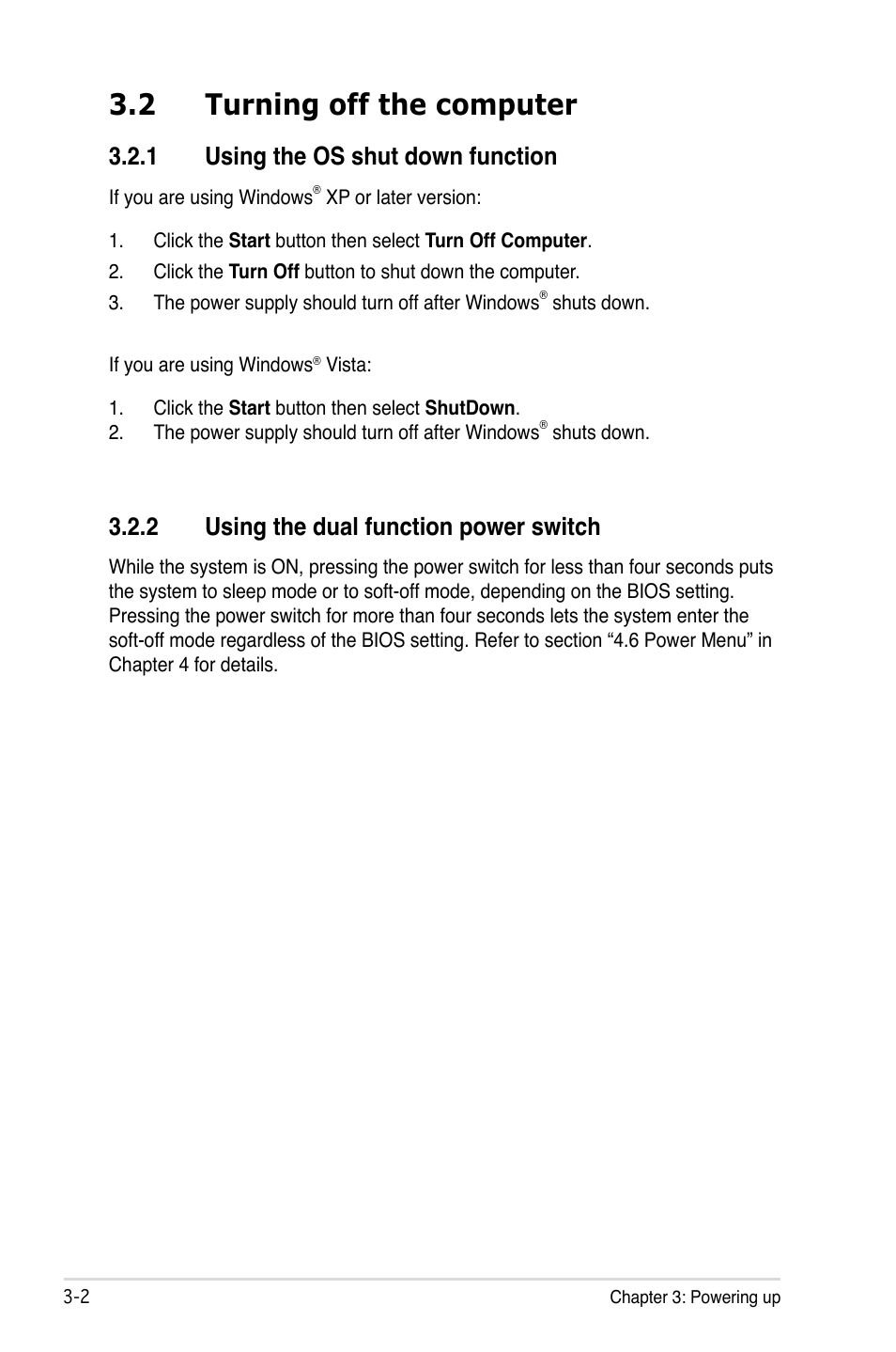 2 turning off the computer, 1 using the os shut down function, 2 using the dual function power switch | Asus P5E64 WS Professional User Manual | Page 68 / 180