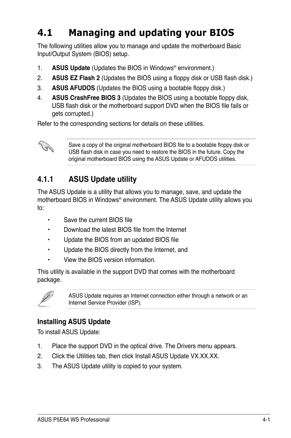 1 managing and updating your bios, 1 asus update utility | Asus P5E64 WS Professional User Manual | Page 71 / 180