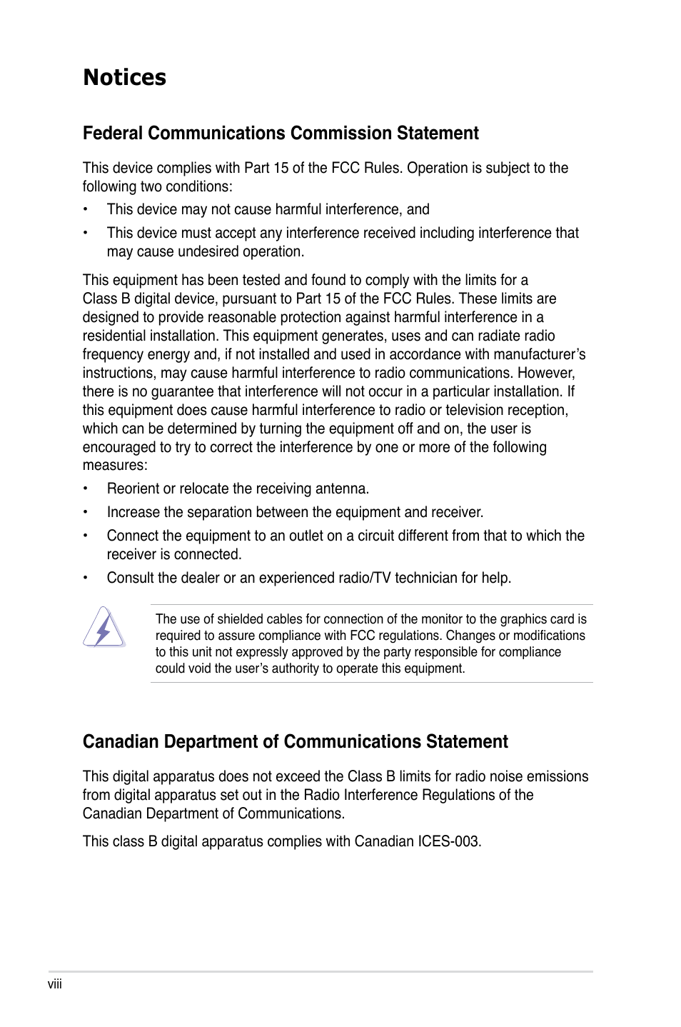 Notices, Federal communications commission statement, Canadian department of communications statement | Asus P5E64 WS Professional User Manual | Page 8 / 180