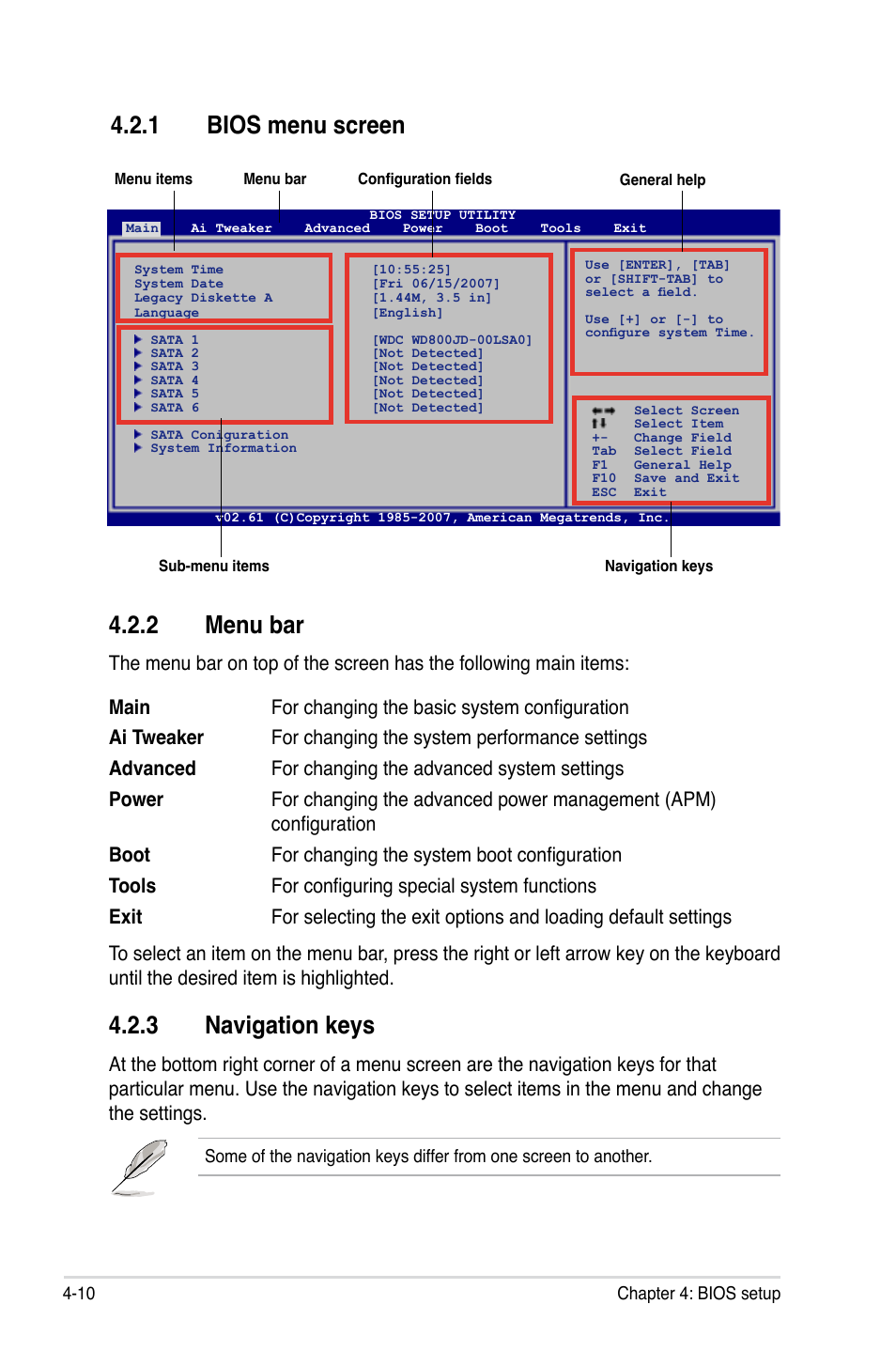 2 menu bar, 3 navigation keys, 1 bios menu screen | Asus P5E64 WS Professional User Manual | Page 80 / 180