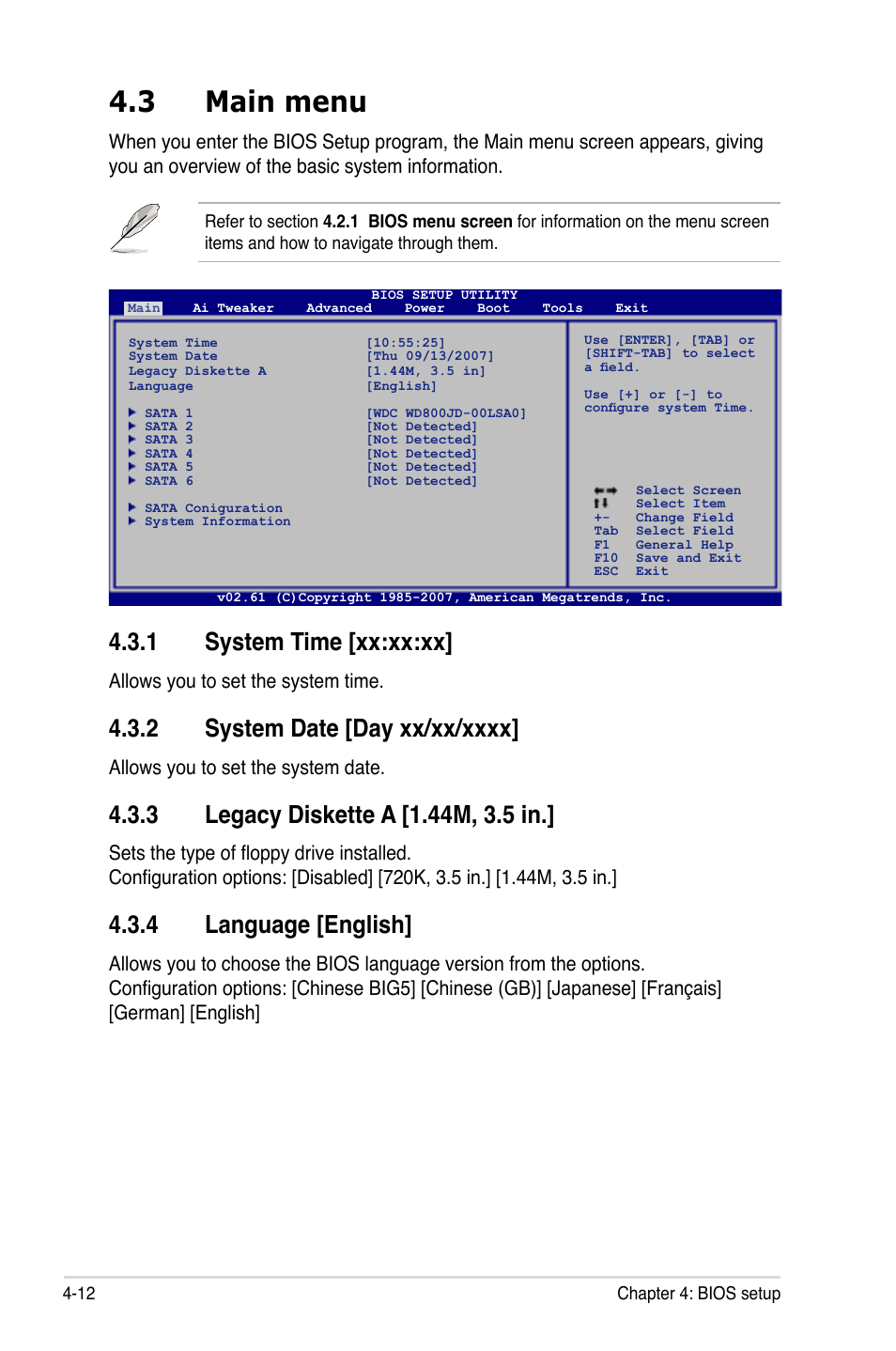 3 main menu, 1 system time [xx:xx:xx, 4 language [english | Allows you to set the system time, Allows you to set the system date | Asus P5E64 WS Professional User Manual | Page 82 / 180