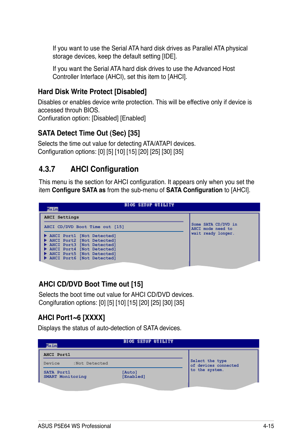 7 ahci configuration, Hard disk write protect [disabled, Sata detect time out (sec) [35 | Ahci cd/dvd boot time out [15 | Asus P5E64 WS Professional User Manual | Page 85 / 180