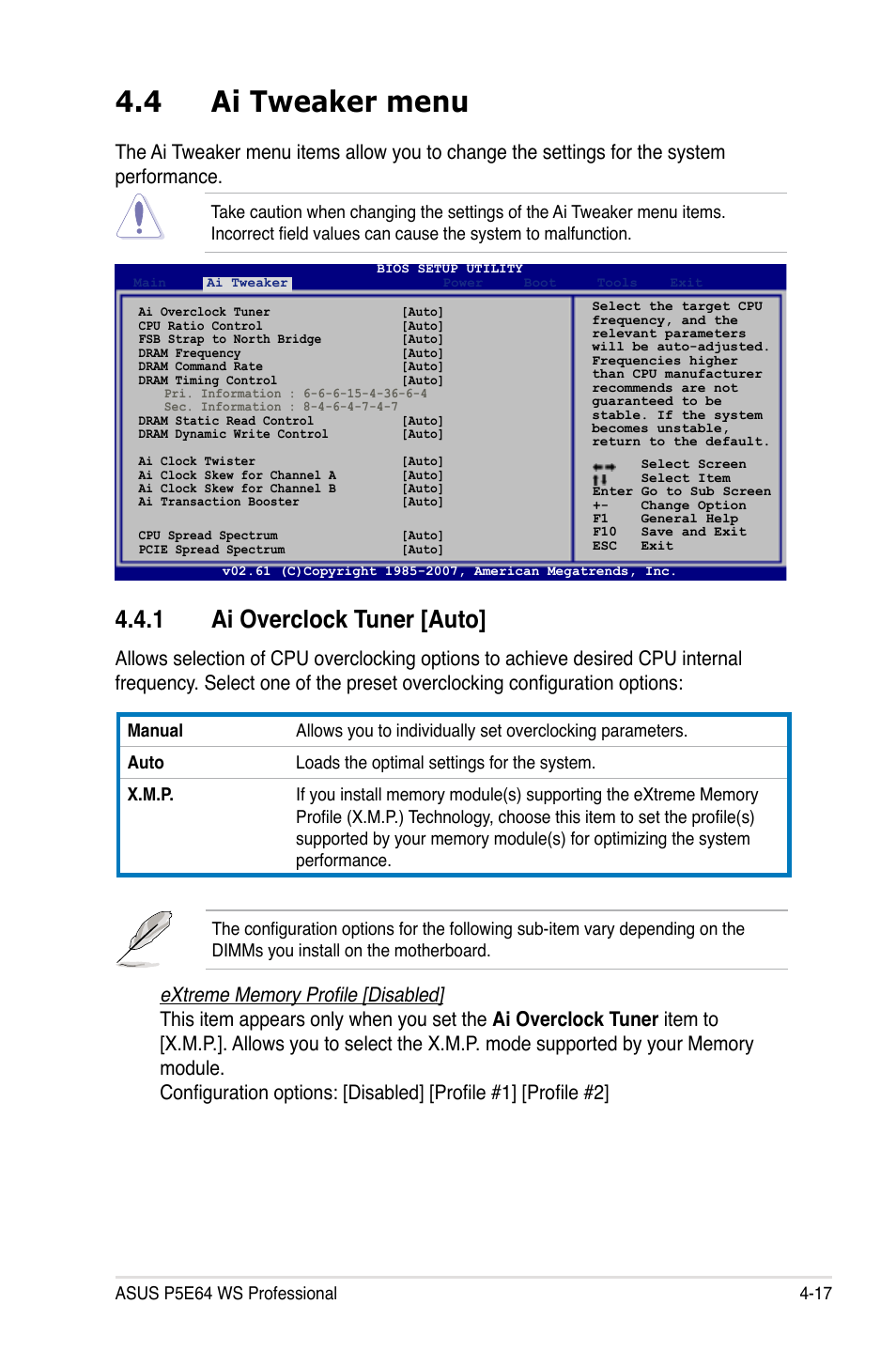 4 ai tweaker menu, 1 ai overclock tuner [auto | Asus P5E64 WS Professional User Manual | Page 87 / 180