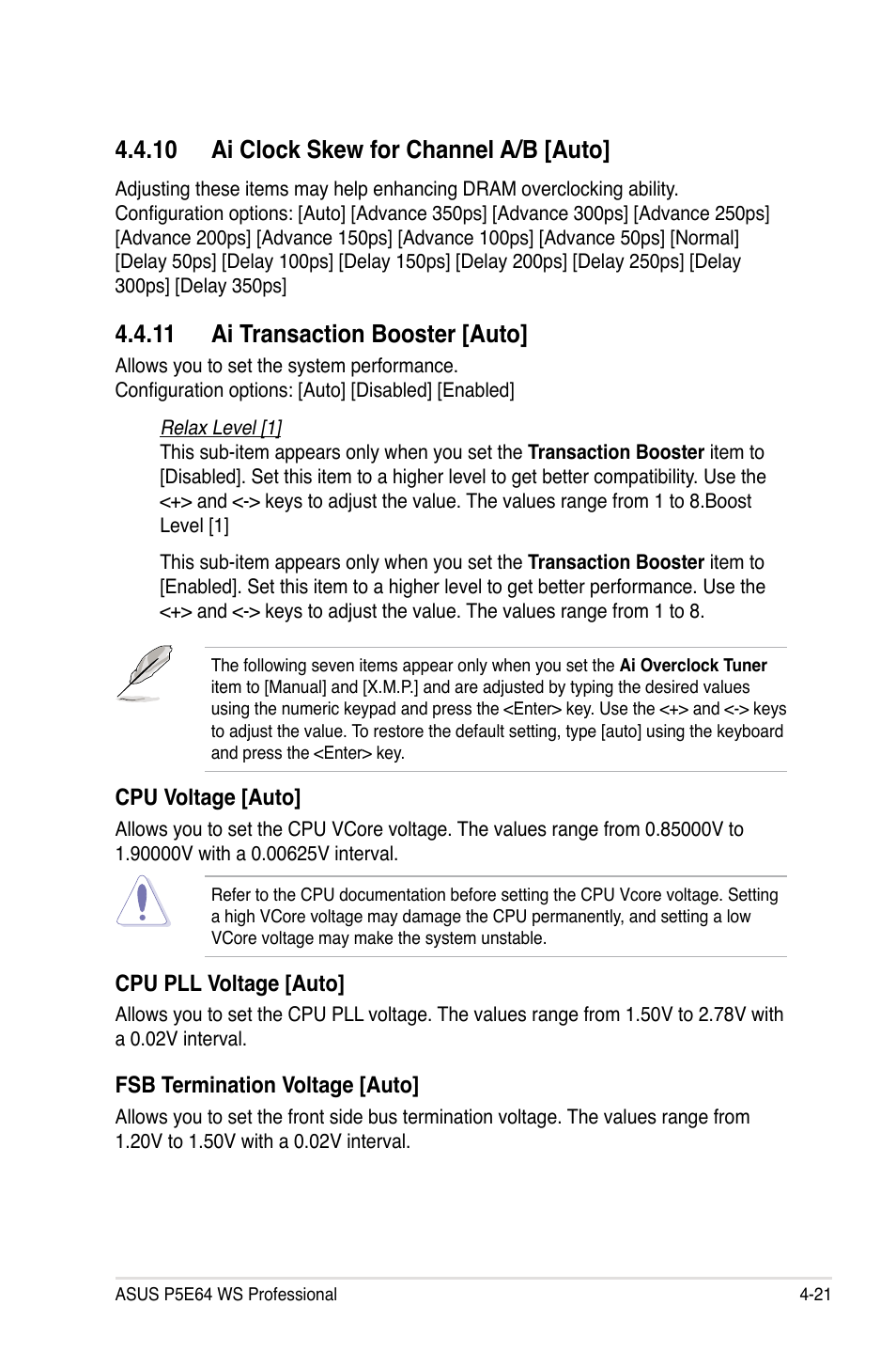 10 ai clock skew for channel a/b [auto, 11 ai transaction booster [auto | Asus P5E64 WS Professional User Manual | Page 91 / 180