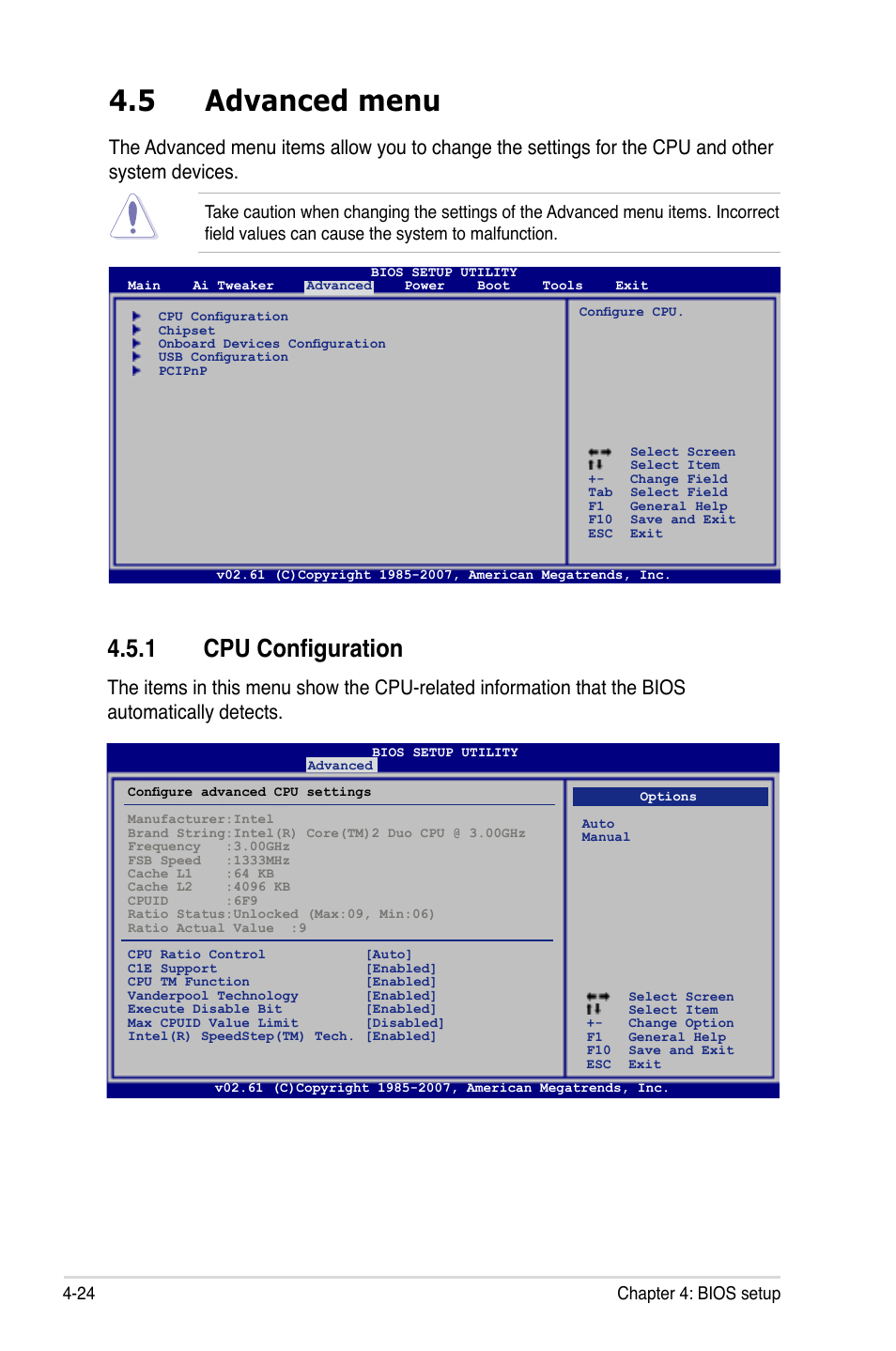 5 advanced menu, 1 cpu configuration, 24 chapter 4: bios setup | Asus P5E64 WS Professional User Manual | Page 94 / 180