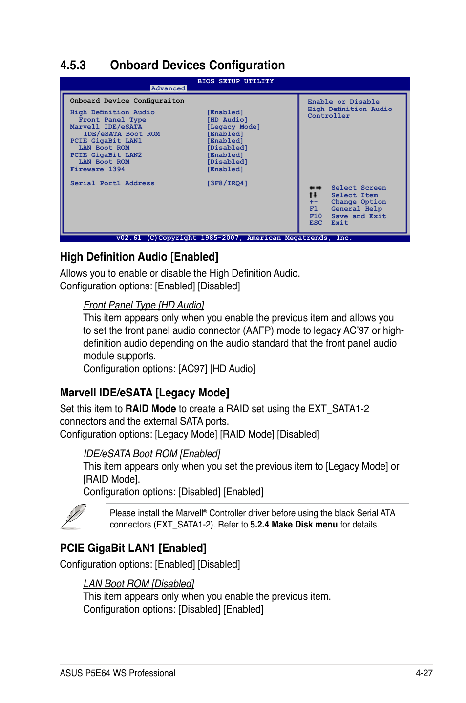 3 onboard devices configuration, High definition audio [enabled, Marvell ide/esata [legacy mode | Pcie gigabit lan1 [enabled | Asus P5E64 WS Professional User Manual | Page 97 / 180