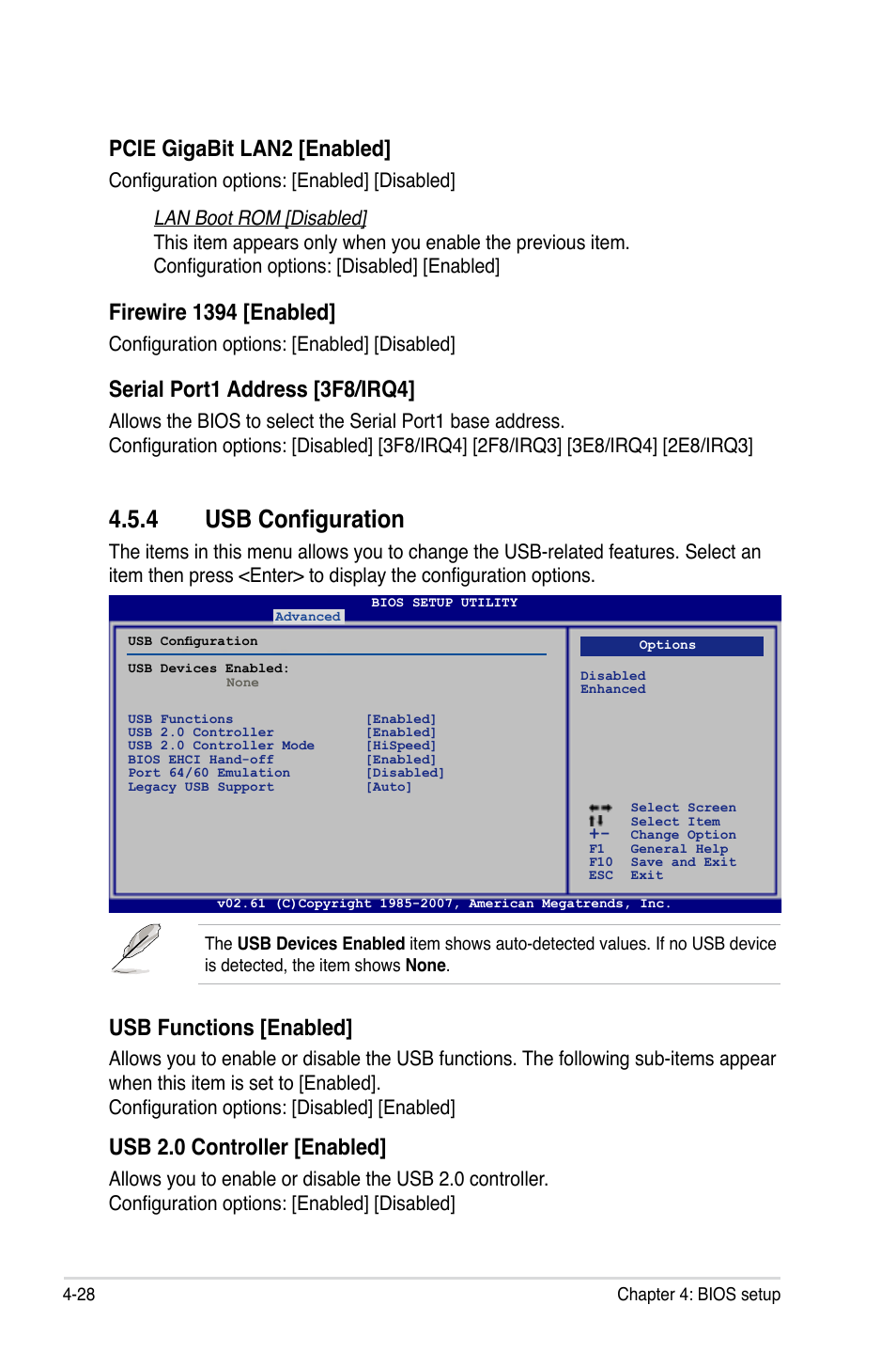4 usb configuration, Pcie gigabit lan2 [enabled, Firewire 1394 [enabled | Serial port1 address [3f8/irq4, Usb functions [enabled, Usb 2.0 controller [enabled, Configuration options: [enabled] [disabled | Asus P5E64 WS Professional User Manual | Page 98 / 180
