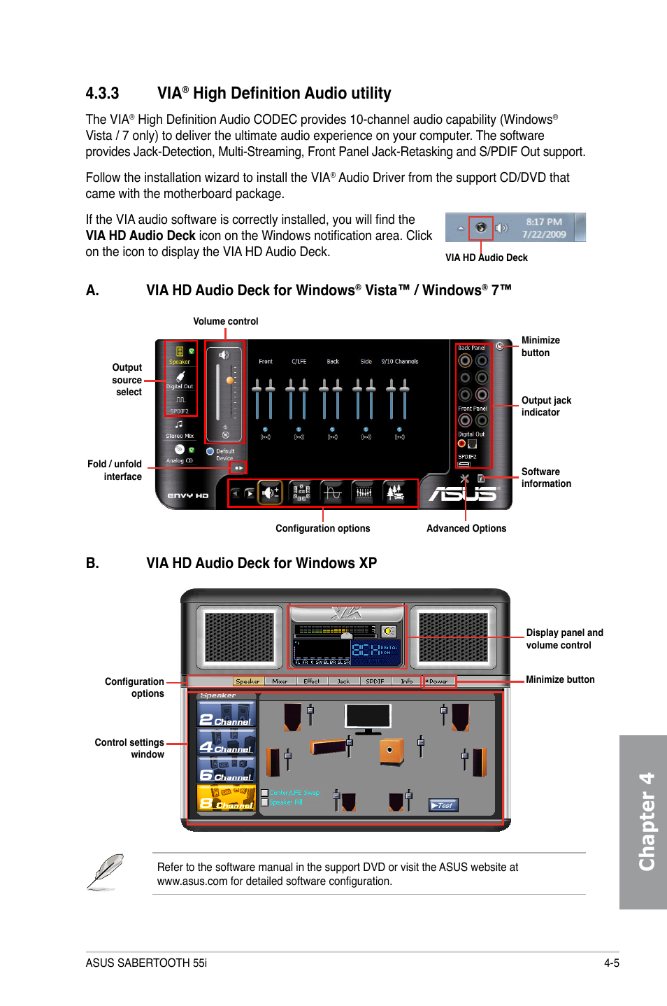 3 via® high definition audio utility, High definition audio utility -5, Chapter 4 | 3 via, High definition audio utility, B. via hd audio deck for windows xp, A. via hd audio deck for windows, Vista™ / windows | Asus Sabertooth 55i User Manual | Page 105 / 124