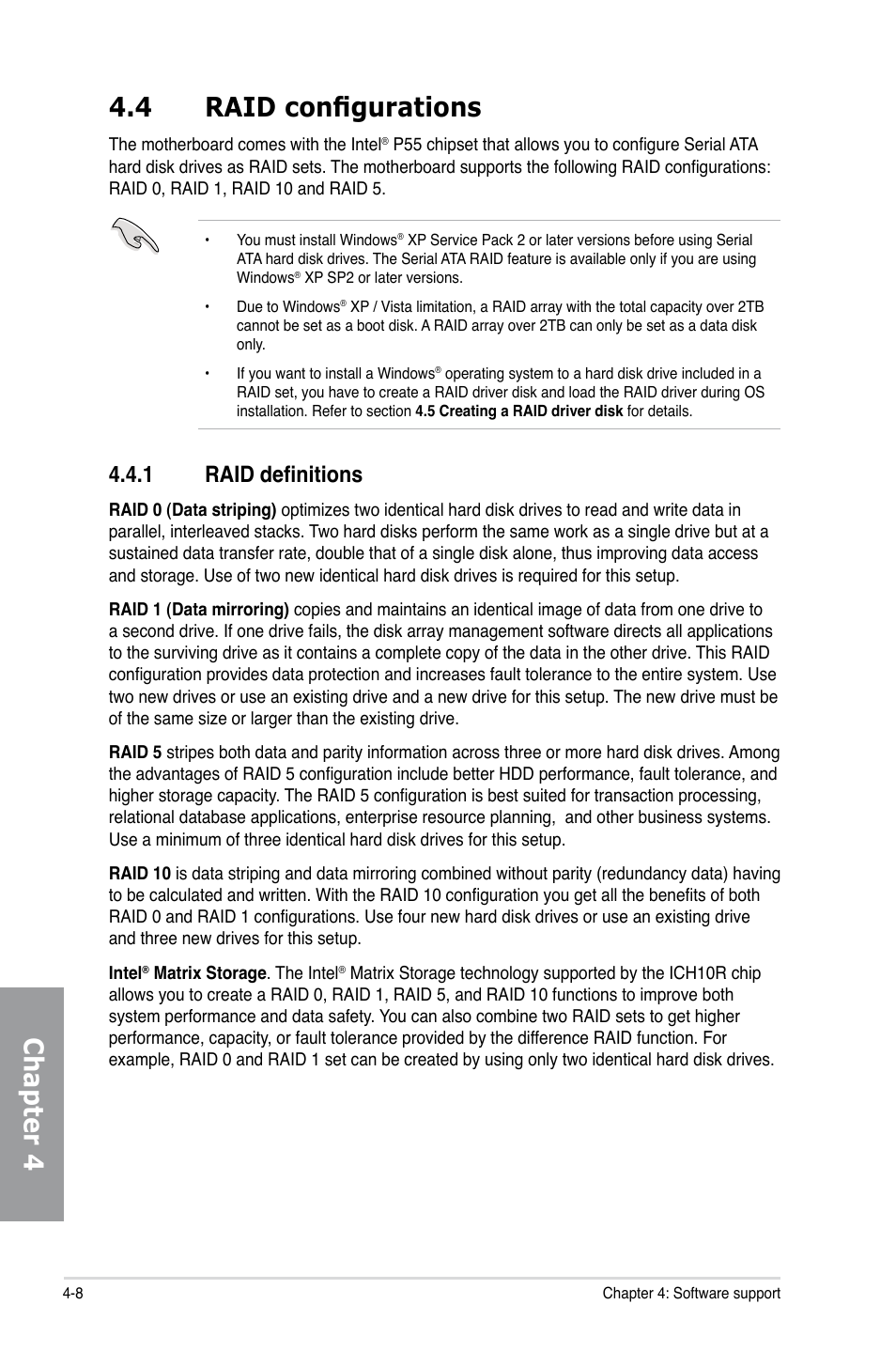 4 raid configurations, 1 raid definitions, Raid configurations -8 4.4.1 | Raid definitions -8, Chapter 4 4.4 raid configurations | Asus Sabertooth 55i User Manual | Page 108 / 124