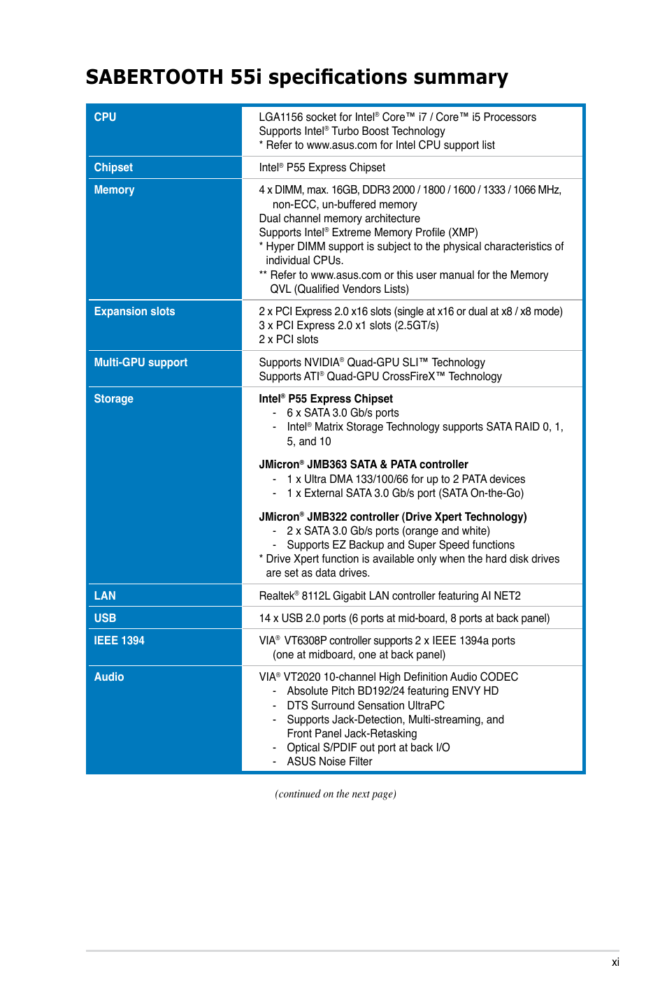 Sabertooth 55i specifications summary | Asus Sabertooth 55i User Manual | Page 11 / 124