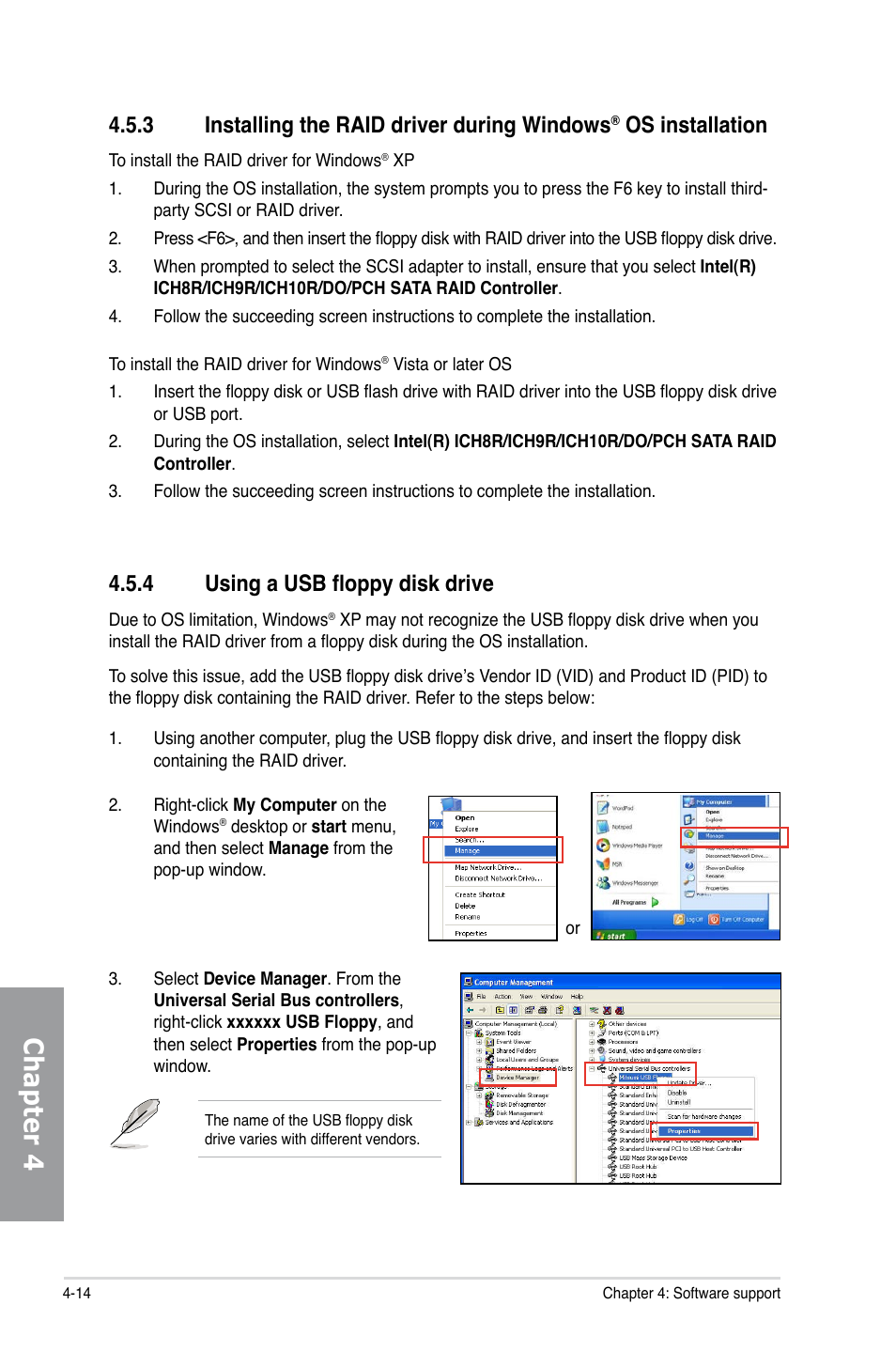 4 using a usb floppy disk drive, Installing the raid driver during windows, Os installation -14 | Using a usb floppy disk drive -14, Chapter 4, 3 installing the raid driver during windows, Os installation | Asus Sabertooth 55i User Manual | Page 114 / 124