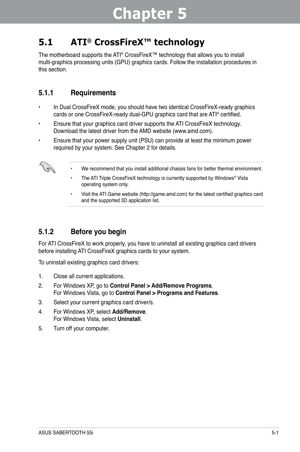 Chapter 5: multiple gpu technology support, 1 ati® crossfirex™ technology, 1 requirements | 2 before you begin, Chapter 5, Multiple gpu technology support, Crossfirex™ technology -1, Requirements -1, Before you begin -1, 1 ati | Asus Sabertooth 55i User Manual | Page 117 / 124