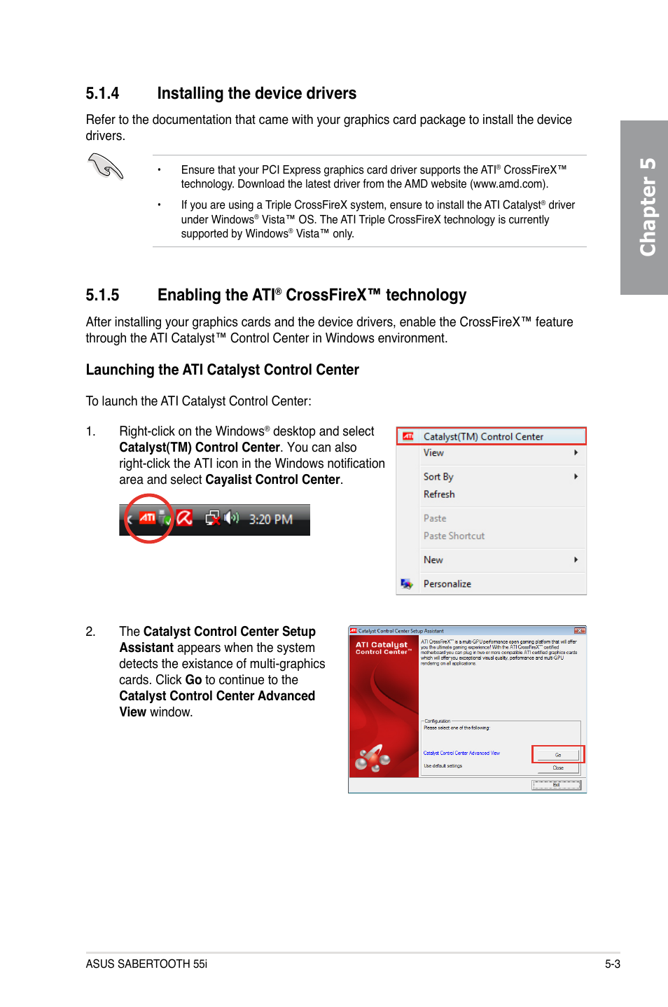 4 installing the device drivers, 5 enabling the ati® crossfirex™ technology, Installing the device drivers -3 | Enabling the ati, Crossfirex™ technology -3, Chapter 5, 5 enabling the ati, Crossfirex™ technology | Asus Sabertooth 55i User Manual | Page 119 / 124