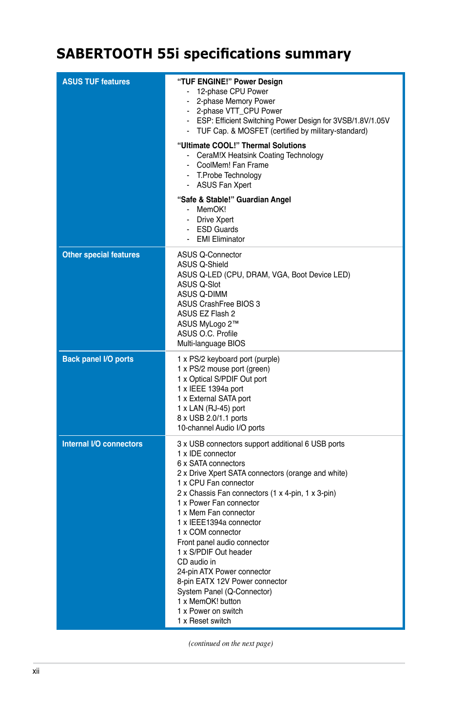 Sabertooth 55i specifications summary | Asus Sabertooth 55i User Manual | Page 12 / 124