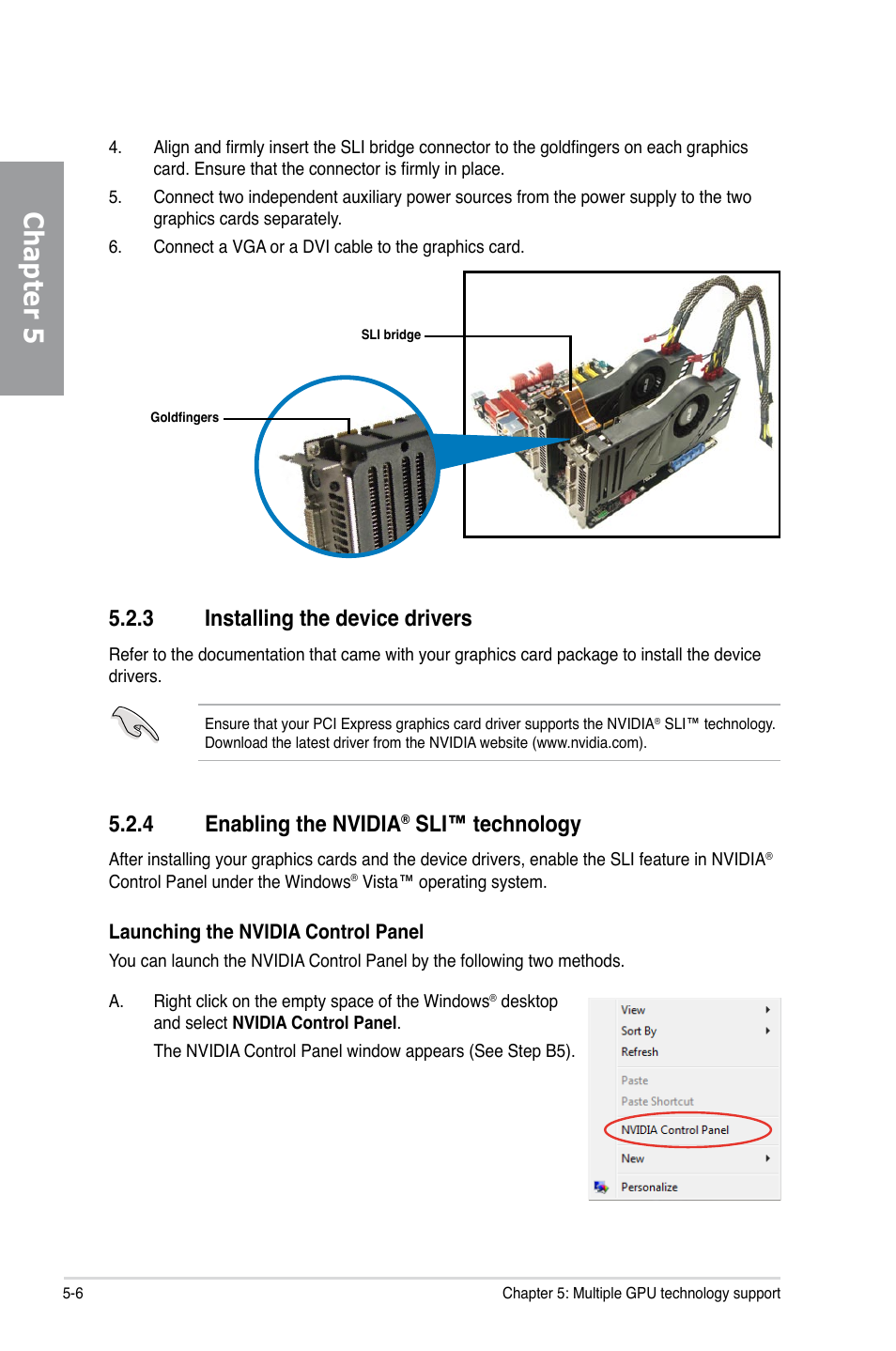 3 installing the device drivers, 4 enabling the nvidia® sli™ technology, Installing the device drivers -6 | Enabling the nvidia, Sli™ technology -6, Chapter 5, 4 enabling the nvidia, Sli™ technology | Asus Sabertooth 55i User Manual | Page 122 / 124