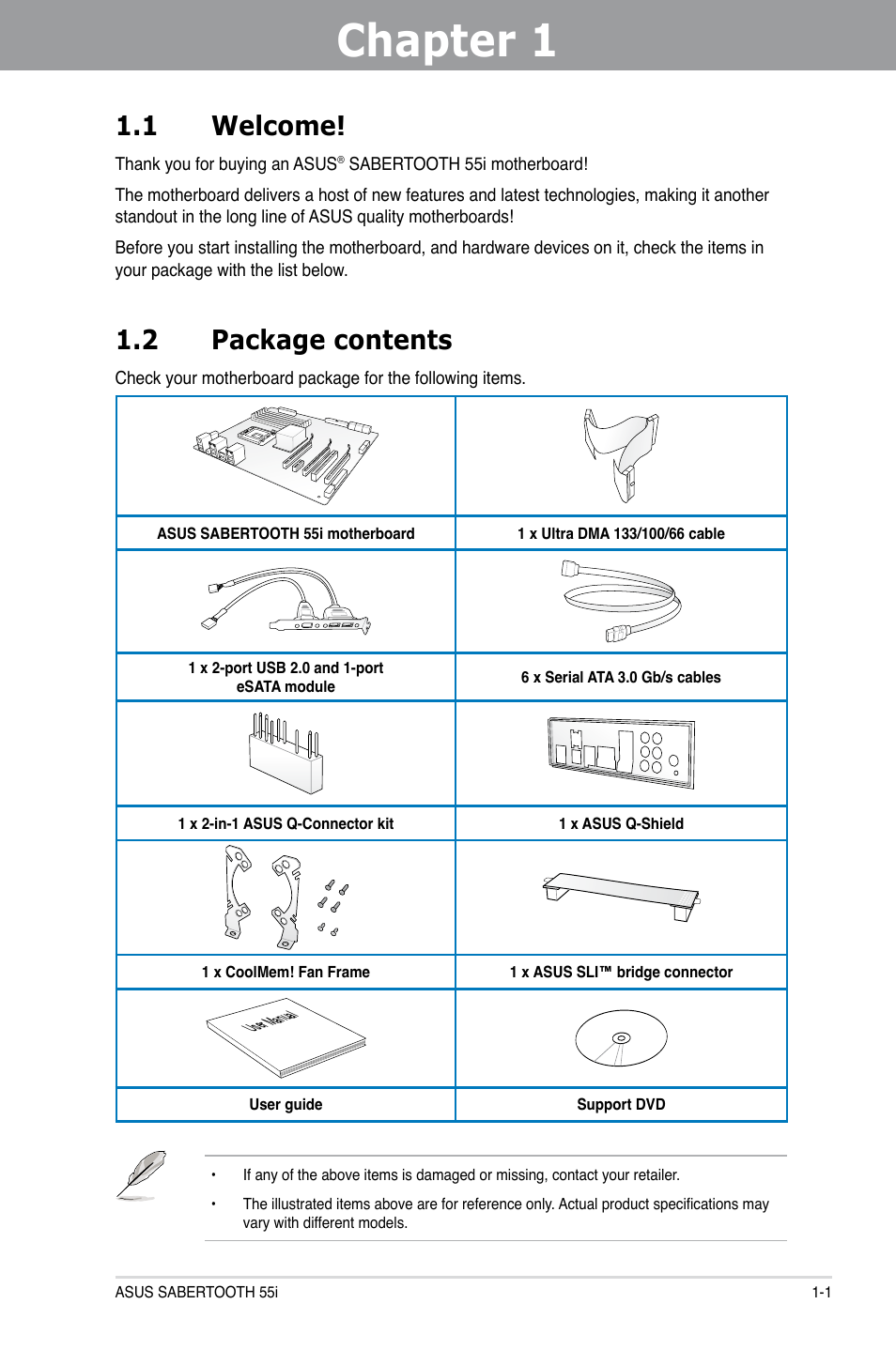 Chapter 1: product introduction, 1 welcome, 2 package contents | Chapter 1, Product introduction, Welcome! -1, Package contents -1, Chapter 1 1.1 welcome | Asus Sabertooth 55i User Manual | Page 15 / 124