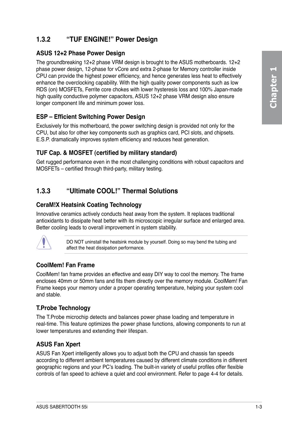 2 “tuf engine!” power design, 3 “ultimate cool!” thermal solutions, Tuf engine!” power design -3 | Ultimate cool!” thermal solutions -3, Chapter 1 | Asus Sabertooth 55i User Manual | Page 17 / 124