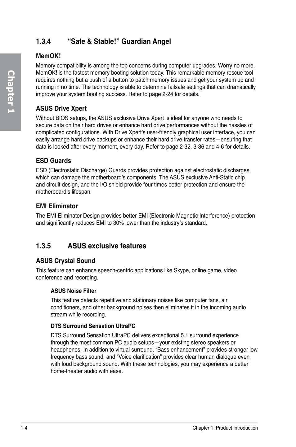 4 “safe & stable!” guardian angel, 5 asus exclusive features, Safe & stable!” guardian angel -4 | Asus exclusive features -4, Chapter 1 | Asus Sabertooth 55i User Manual | Page 18 / 124