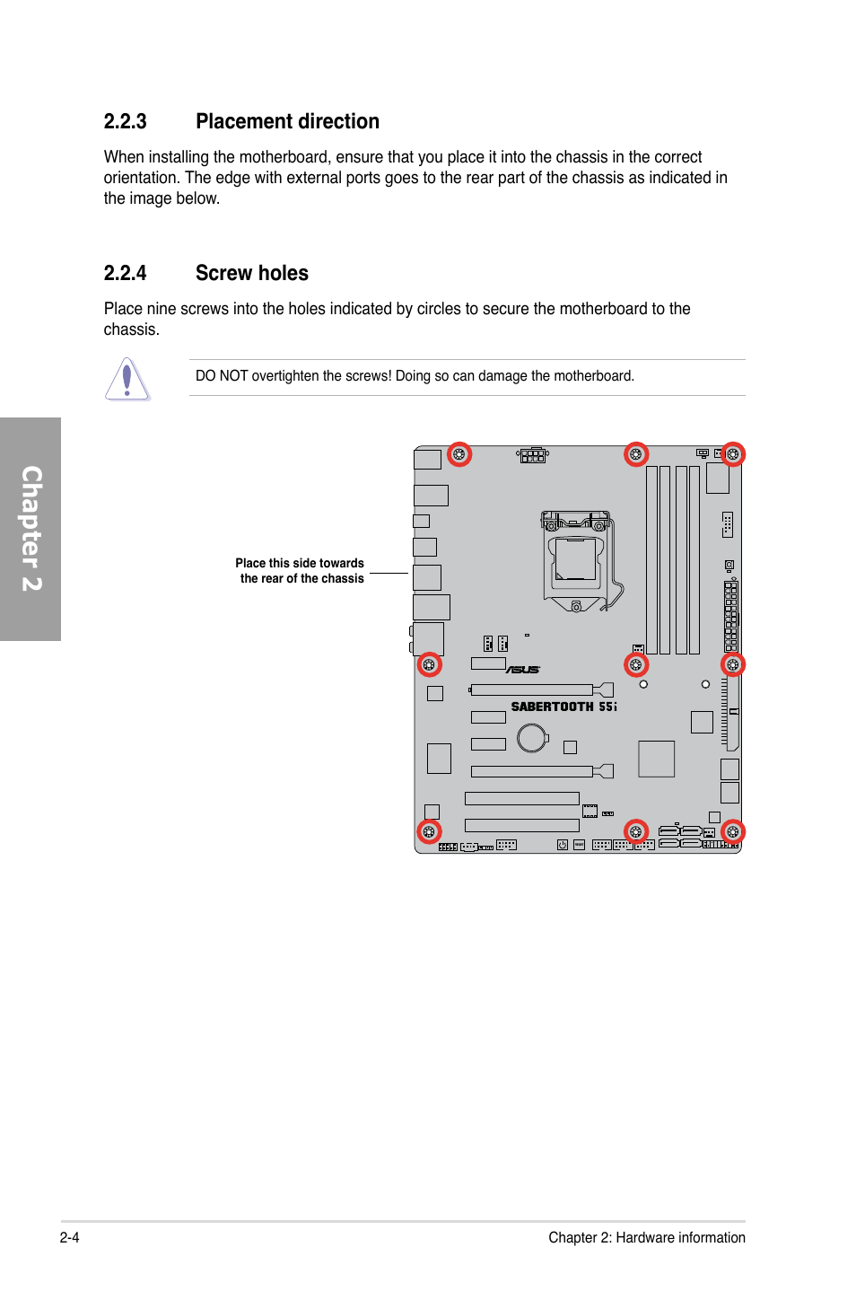 3 placement direction, 4 screw holes, Placement direction -4 | Screw holes -4, Chapter 2 | Asus Sabertooth 55i User Manual | Page 24 / 124