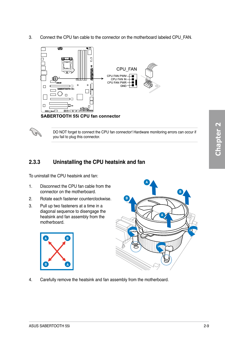 3 uninstalling the cpu heatsink and fan, Uninstalling the cpu heatsink and fan -9, Chapter 2 | Asus Sabertooth 55i User Manual | Page 29 / 124