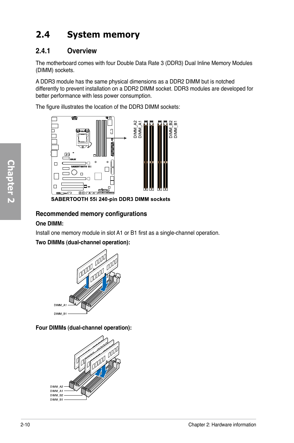 4 system memory, 1 overview, System memory -10 2.4.1 | Overview -10 | Asus Sabertooth 55i User Manual | Page 30 / 124