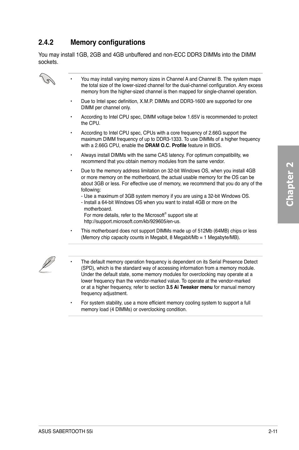 2 memory configurations, Memory configurations -11, Chapter 2 | Asus Sabertooth 55i User Manual | Page 31 / 124