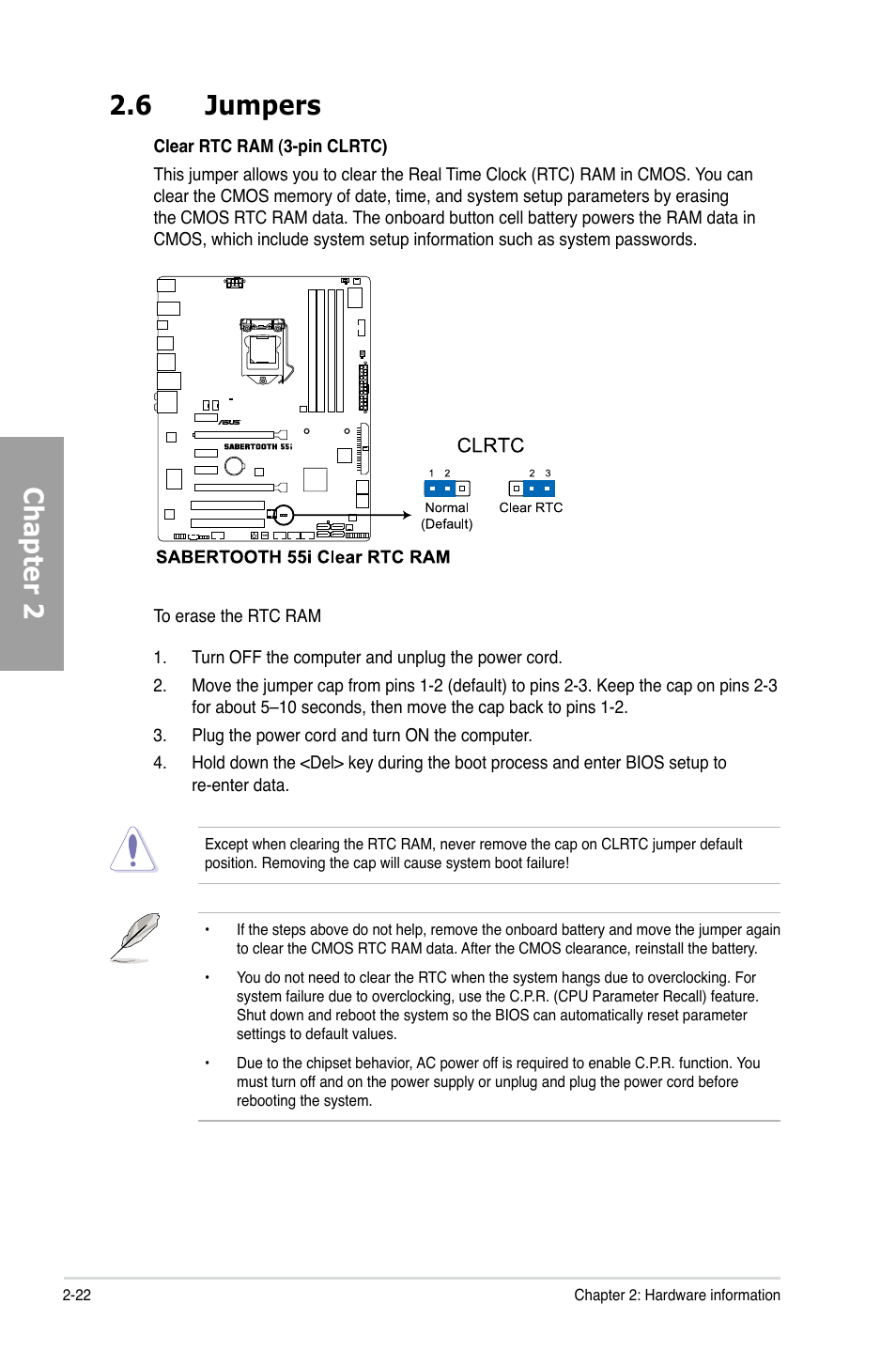 6 jumpers, Jumpers -22, Chapter 2 2.6 jumpers | Asus Sabertooth 55i User Manual | Page 42 / 124