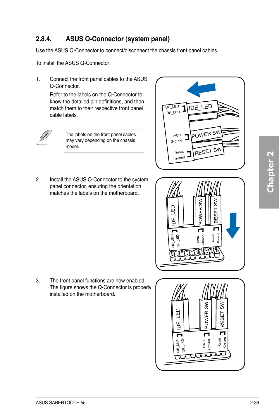 Asus q-connector (system panel), Asus q-connector (system panel) -39, Chapter 2 | Asus Sabertooth 55i User Manual | Page 59 / 124