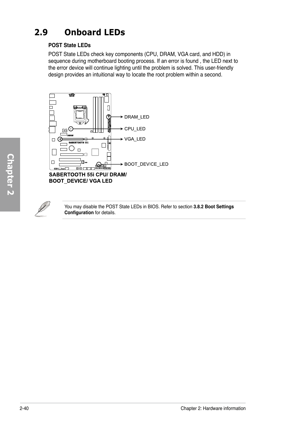 9 onboard leds, Onboard leds -40, Chapter 2 2.9 onboard leds | Asus Sabertooth 55i User Manual | Page 60 / 124