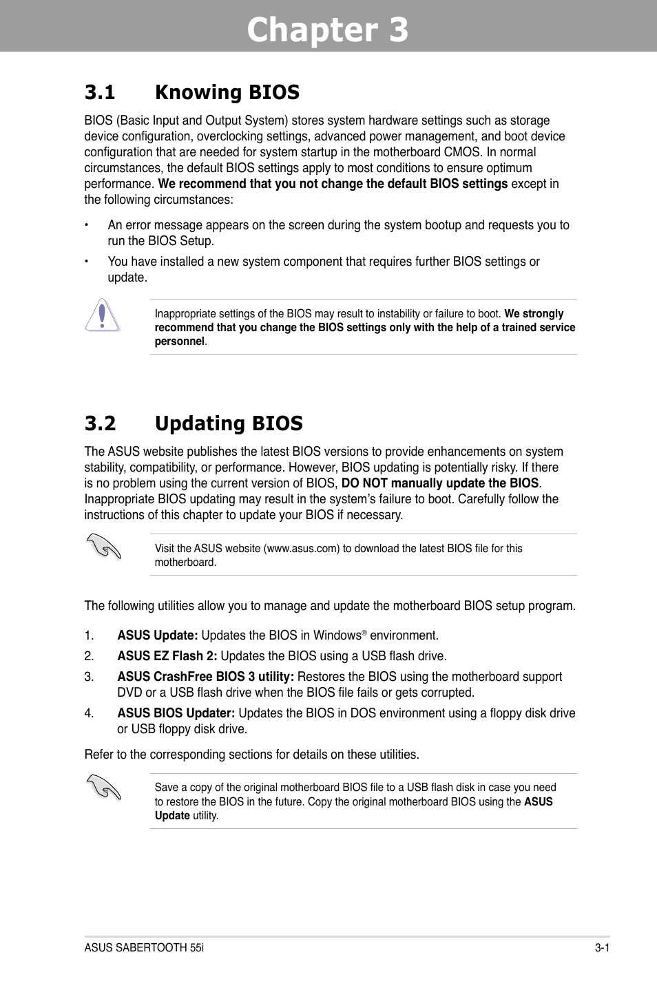 Chapter 3: bios setup, 1 knowing bios, 2 updating bios | Chapter 3, Bios setup, Knowing bios -1, Updating bios -1, Chapter 3 3.1 knowing bios | Asus Sabertooth 55i User Manual | Page 63 / 124