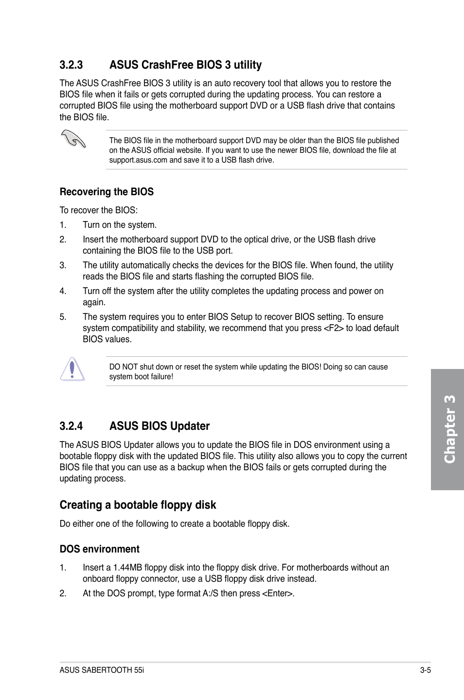 3 asus crashfree bios 3 utility, 4 asus bios updater, Asus crashfree bios 3 utility -5 | Asus bios updater -5, Chapter 3, Creating a bootable floppy disk | Asus Sabertooth 55i User Manual | Page 67 / 124