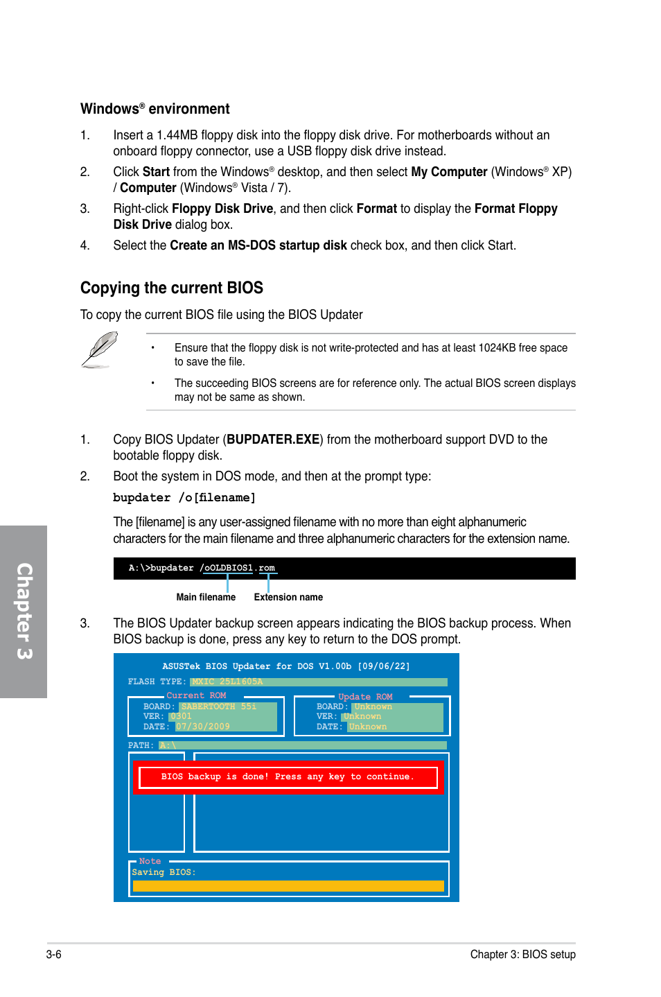 Chapter 3, Copying the current bios, Windows | Environment | Asus Sabertooth 55i User Manual | Page 68 / 124