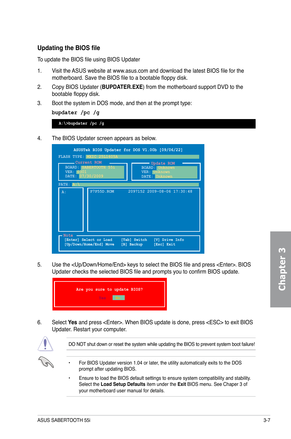 Chapter 3, Updating the bios file | Asus Sabertooth 55i User Manual | Page 69 / 124