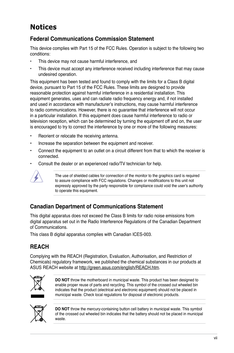 Notices, Federal communications commission statement, Canadian department of communications statement | Reach | Asus Sabertooth 55i User Manual | Page 7 / 124