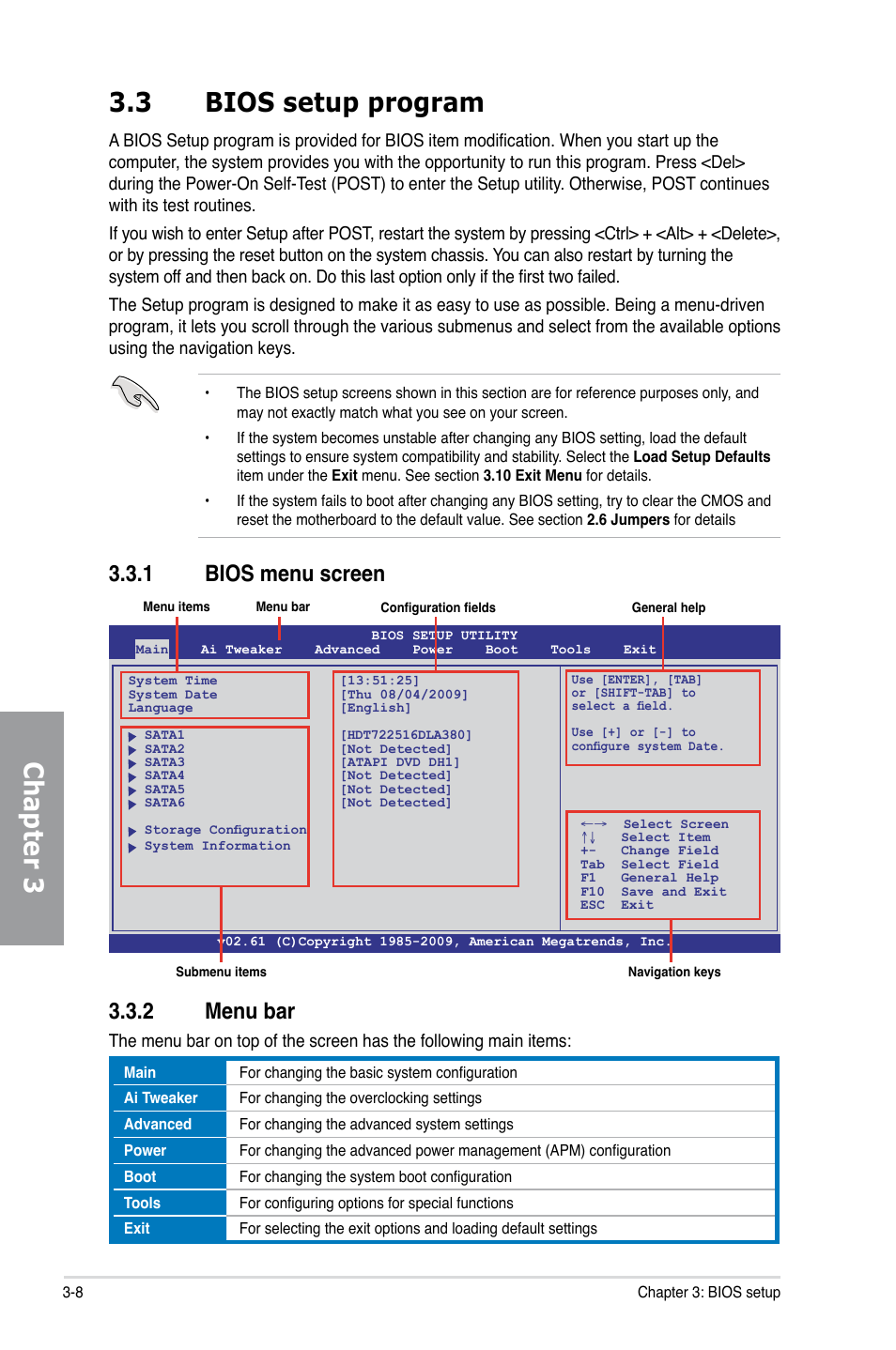 3 bios setup program, 1 bios menu screen, 2 menu bar | Bios setup program -8 3.3.1, Bios menu screen -8, Menu bar -8, Chapter 3 3.3 bios setup program, 1 bios menu screen 3.3.2 menu bar | Asus Sabertooth 55i User Manual | Page 70 / 124