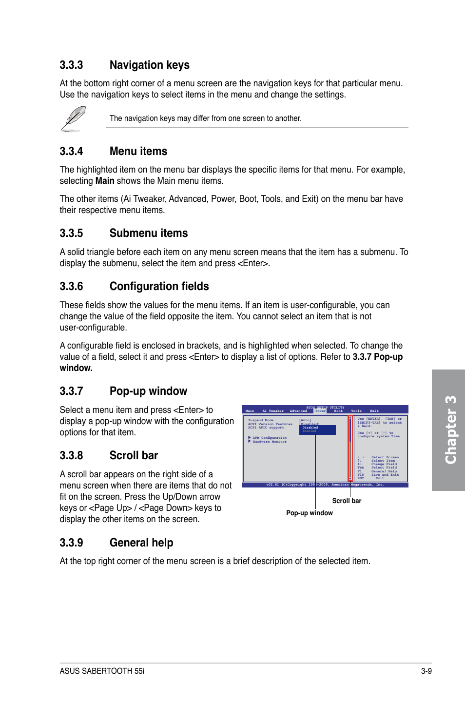 3 navigation keys, 4 menu items, 5 submenu items | 6 configuration fields, 7 pop-up window, 8 scroll bar, 9 general help, Navigation keys -9, Menu items -9, Submenu items -9 | Asus Sabertooth 55i User Manual | Page 71 / 124