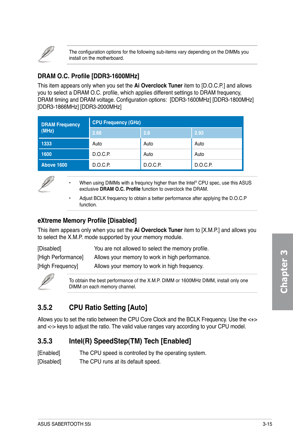 2 cpu ratio setting [auto, 3 intel(r) speedstep(tm) tech [enabled, Cpu ratio setting [auto] -15 | Intel(r) speedstep(tm) tech [enabled] -15, Chapter 3 | Asus Sabertooth 55i User Manual | Page 77 / 124