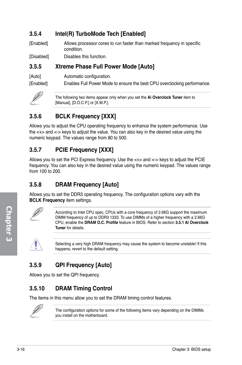 8 dram frequency [auto, 9 qpi frequency [auto, 10 dram timing control | 4 intel(r) turbomode tech [enabled, 5 xtreme phase full power mode [auto, 6 bclk frequency [xxx, 7 pcie frequency [xxx, Dram frequency [auto] -16, Qpi frequency [auto] -16, Dram timing control -16 | Asus Sabertooth 55i User Manual | Page 78 / 124