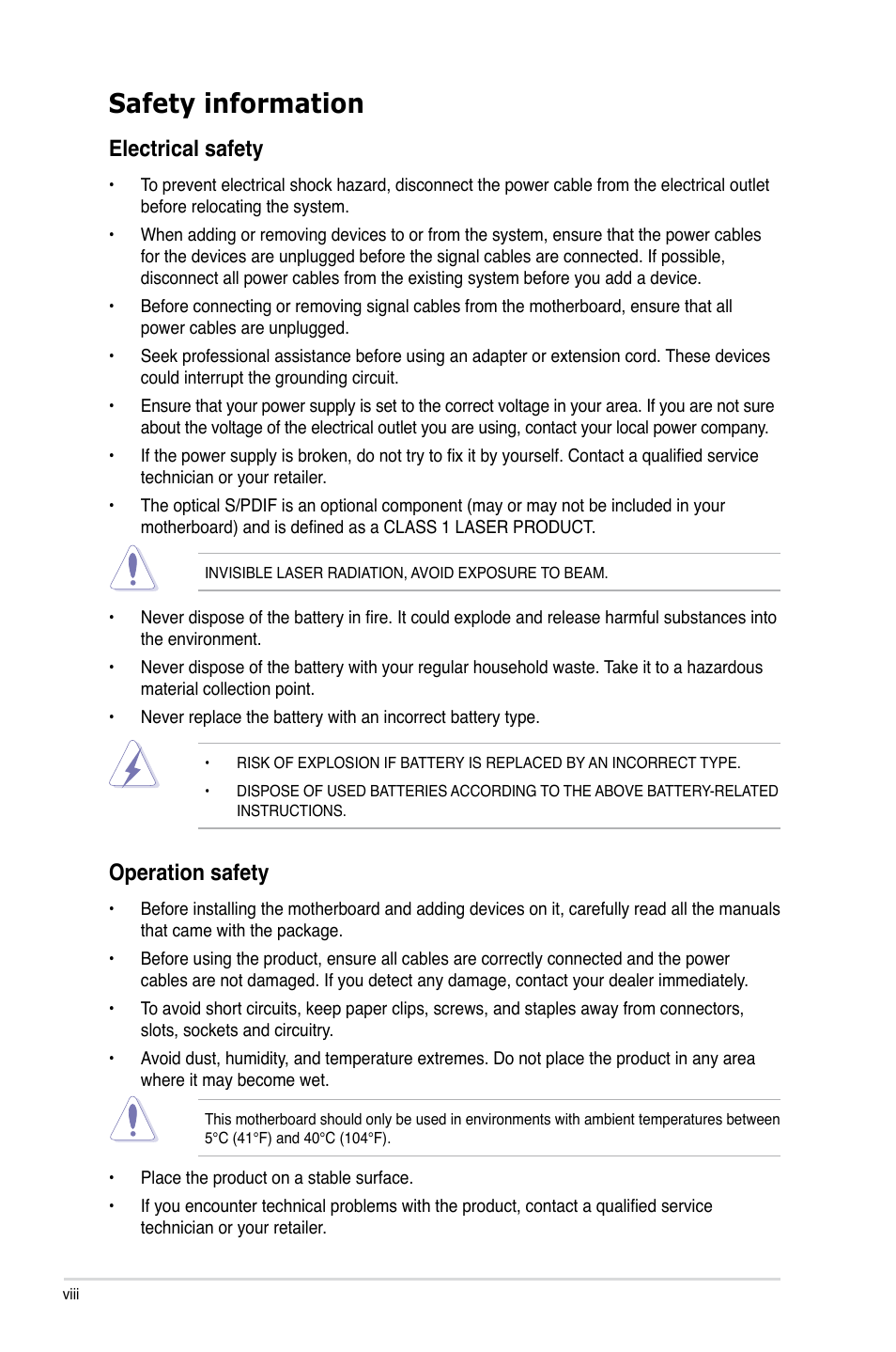 Safety information, Electrical safety, Operation safety | Asus Sabertooth 55i User Manual | Page 8 / 124