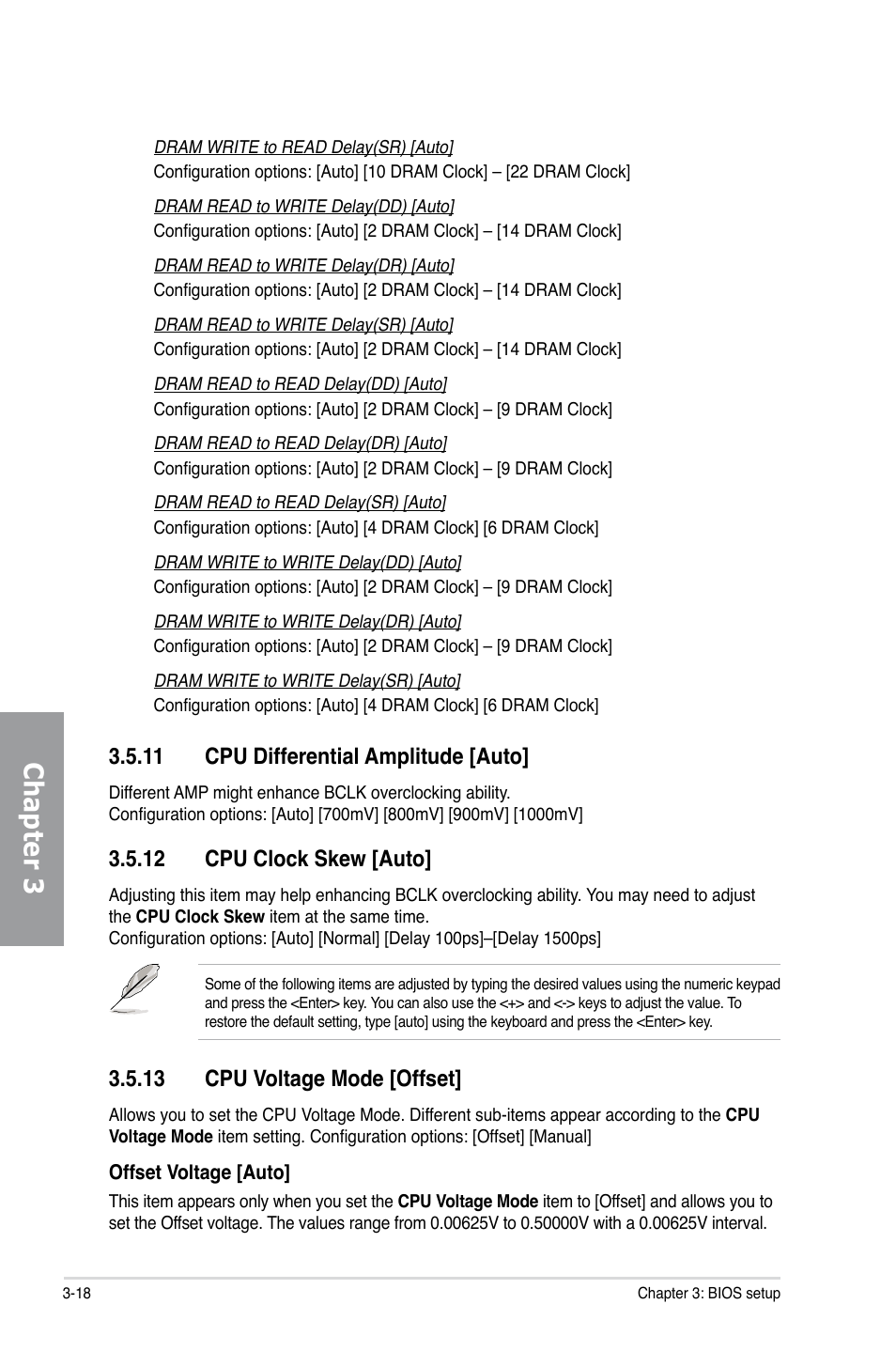 11 cpu differential amplitude [auto, 12 cpu clock skew [auto, 13 cpu voltage mode [offset | Cpu differential amplitude [auto] -18, Cpu clock skew [auto] -18, Cpu voltage mode [offset] -18, Chapter 3 | Asus Sabertooth 55i User Manual | Page 80 / 124