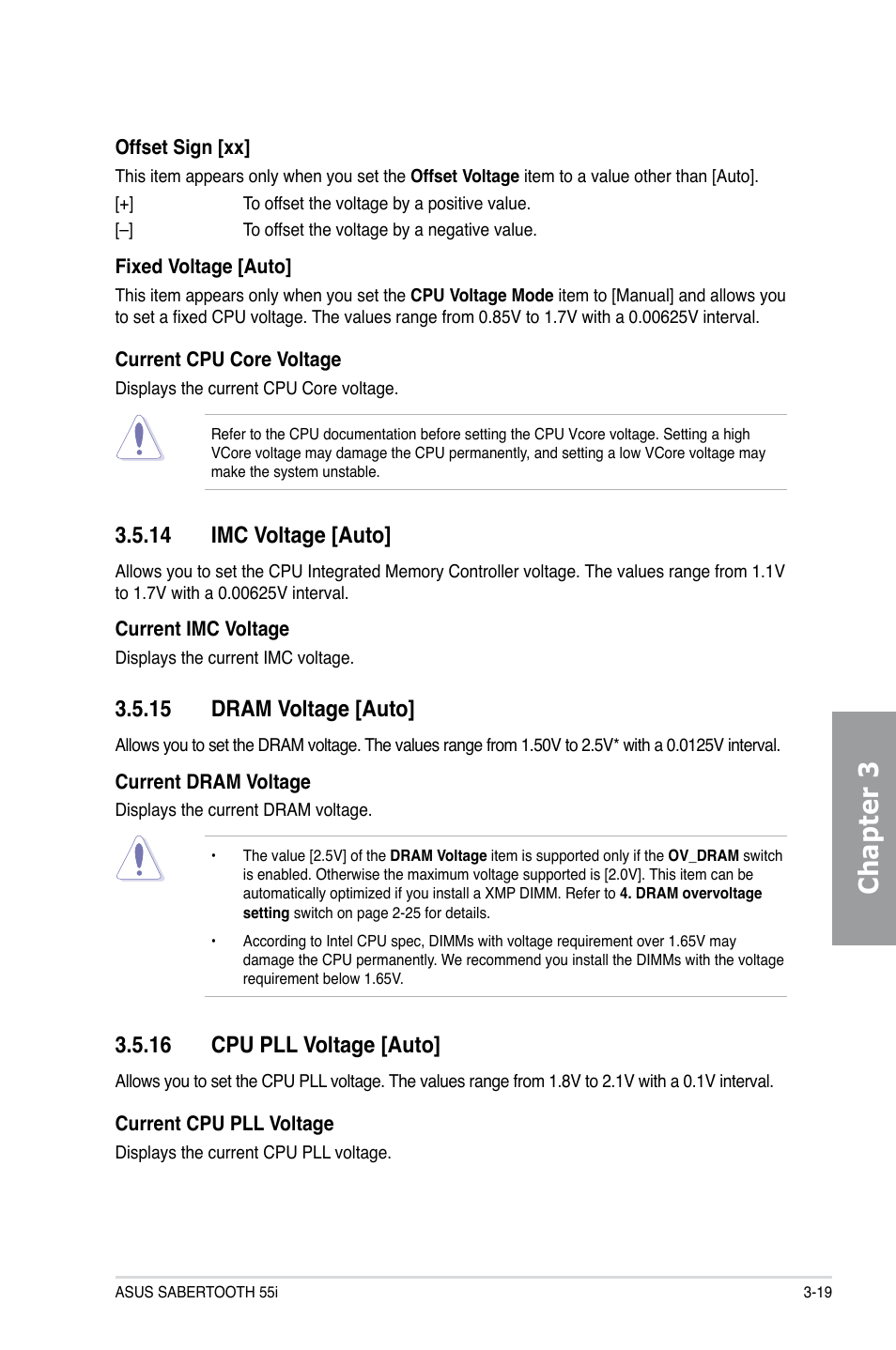 14 imc voltage [auto, 15 dram voltage [auto, 16 cpu pll voltage [auto | Imc voltage [auto] -19, Dram voltage [auto] -19, Cpu pll voltage [auto] -19, Chapter 3 | Asus Sabertooth 55i User Manual | Page 81 / 124