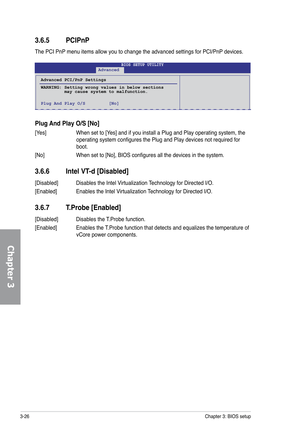 5 pcipnp, 6 intel vt-d [disabled, 7 t.probe [enabled | Pcipnp -26, Intel vt-d [disabled] -26, T.probe [enabled] -26, Chapter 3 | Asus Sabertooth 55i User Manual | Page 88 / 124