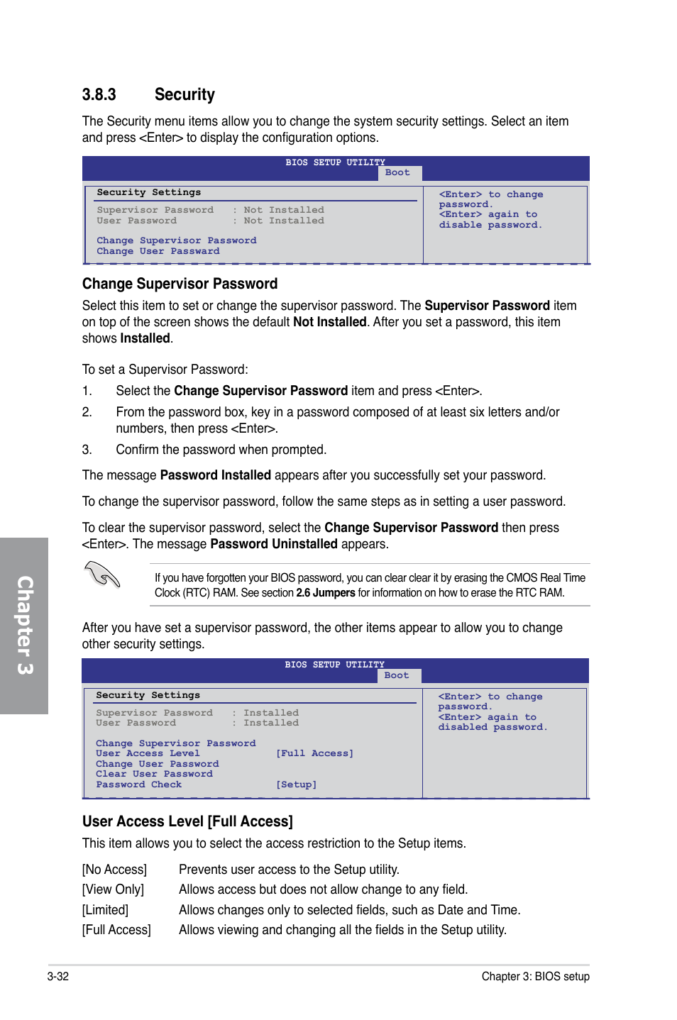 3 security, Security -32, Chapter 3 | Change supervisor password, User access level [full access | Asus Sabertooth 55i User Manual | Page 94 / 124