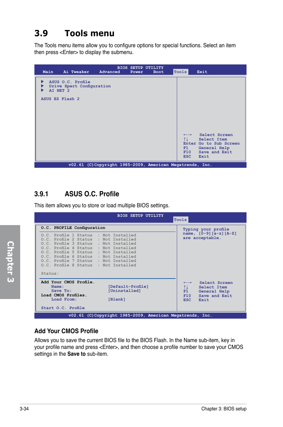 9 tools menu, 1 asus o.c. profile, Tools menu -34 3.9.1 | Asus o.c. profile -34, Chapter 3 3.9 tools menu, Add your cmos profile | Asus Sabertooth 55i User Manual | Page 96 / 124