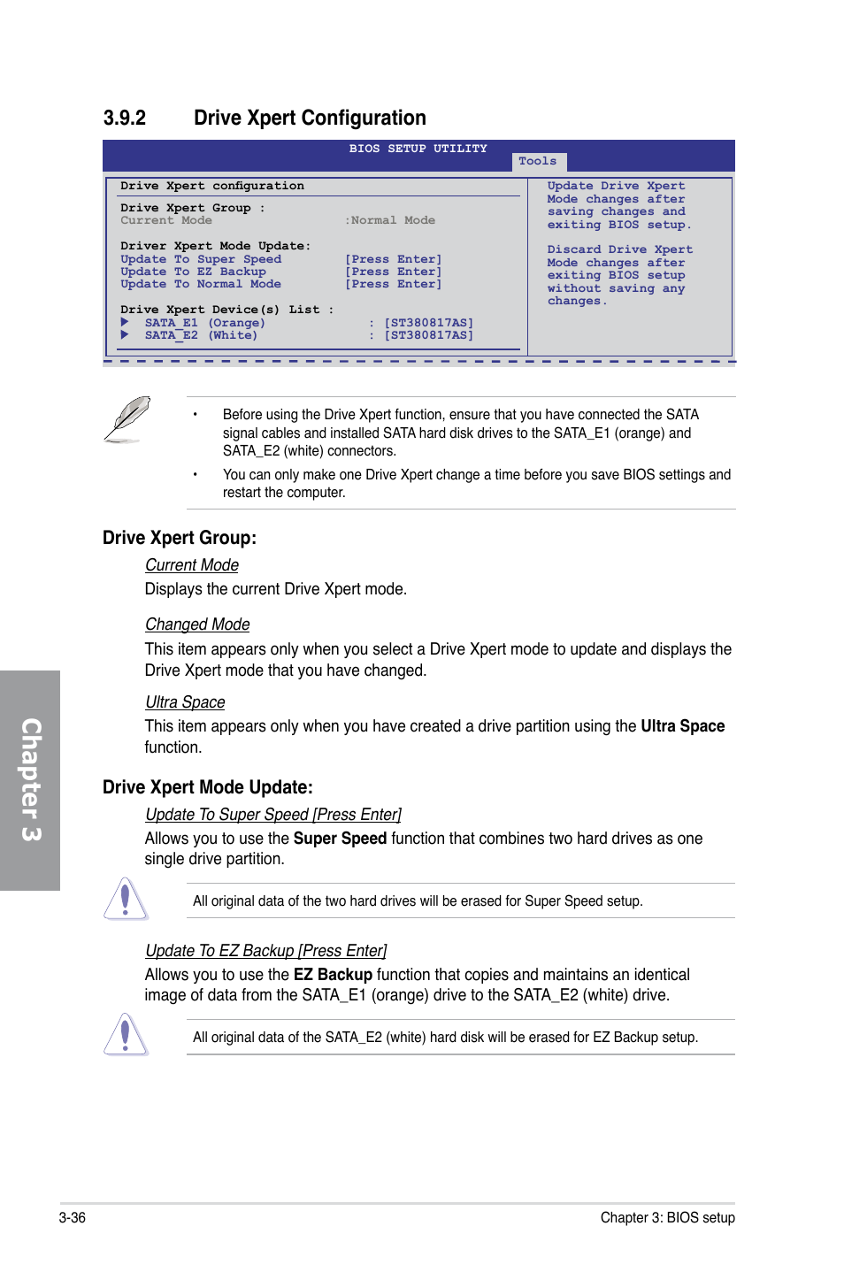 2 drive xpert configuration, Drive xpert configuration -36, Chapter 3 | Drive xpert mode update, Drive xpert group | Asus Sabertooth 55i User Manual | Page 98 / 124